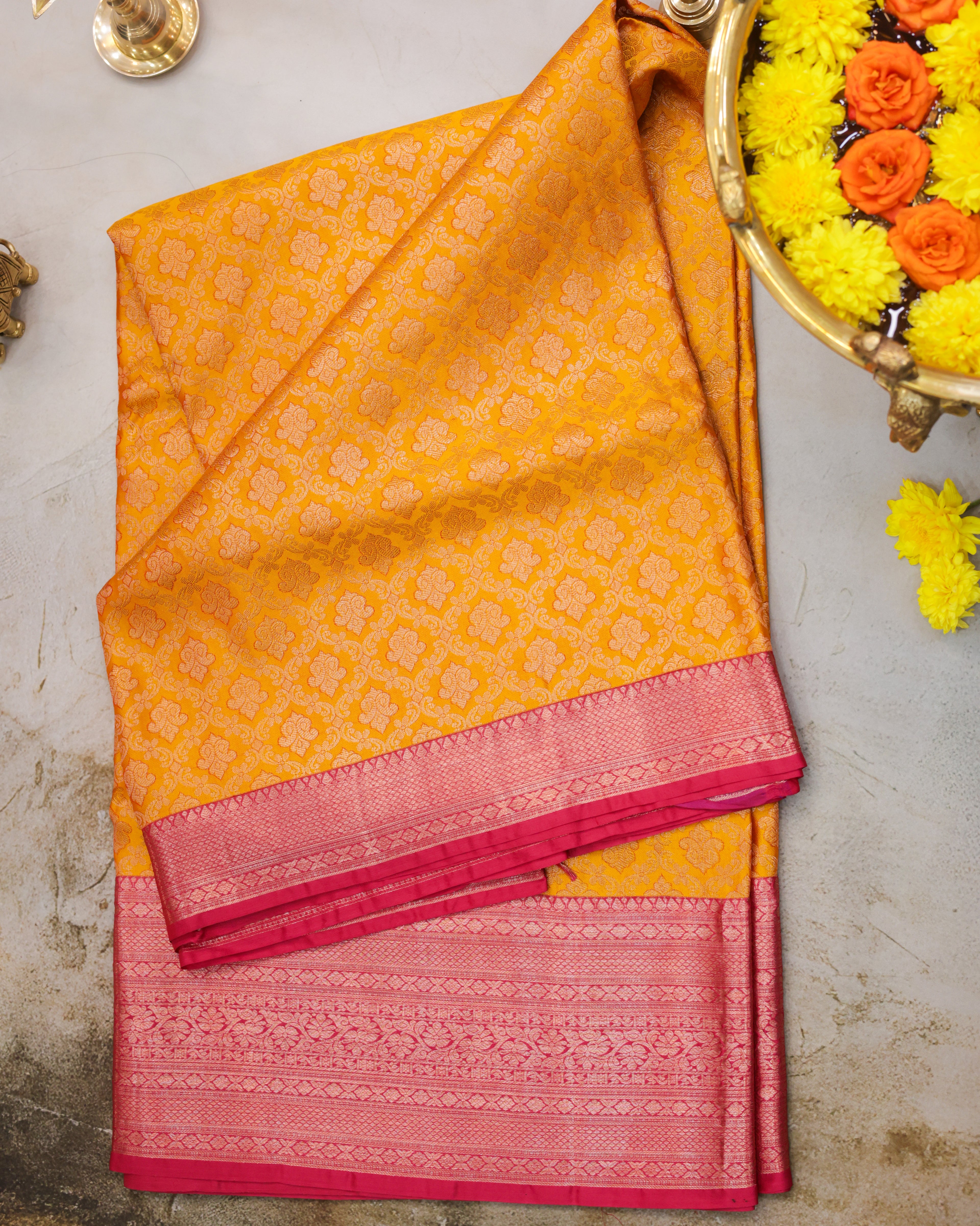 Kanchipuram All Over Bridal Yellow Saree with Copper Zari