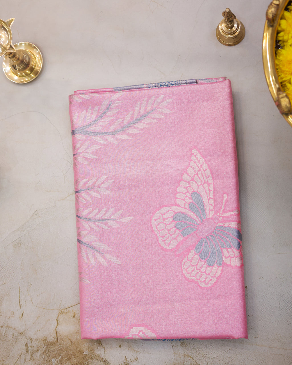 Kanchipuram Tissue Saree with Coconut Tree & Butterfly Motif – Baby Pink