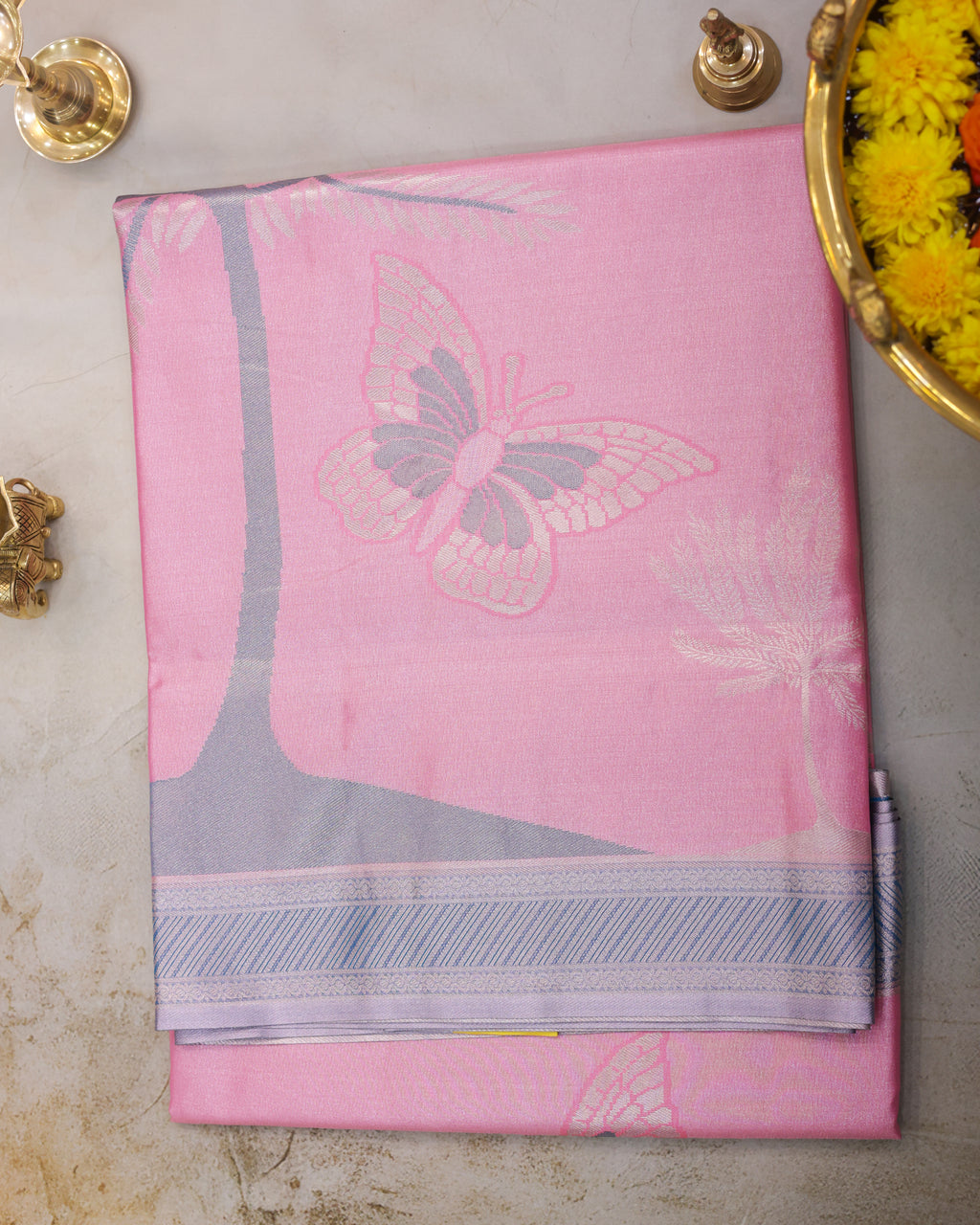 Kanchipuram Tissue Saree with Coconut Tree & Butterfly Motif – Baby Pink
