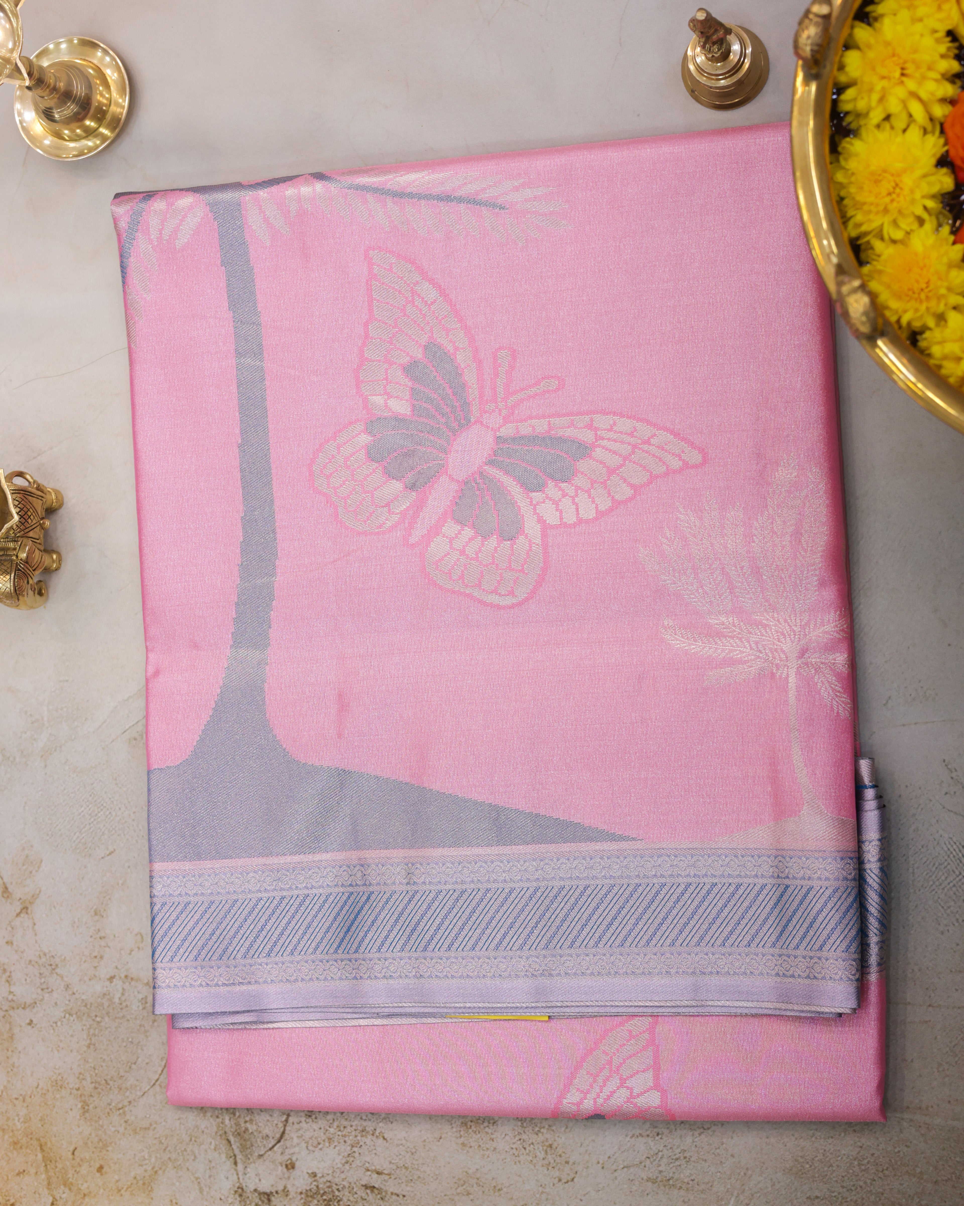 Kanchipuram Tissue Saree with Coconut Tree & Butterfly Motif – Baby Pink