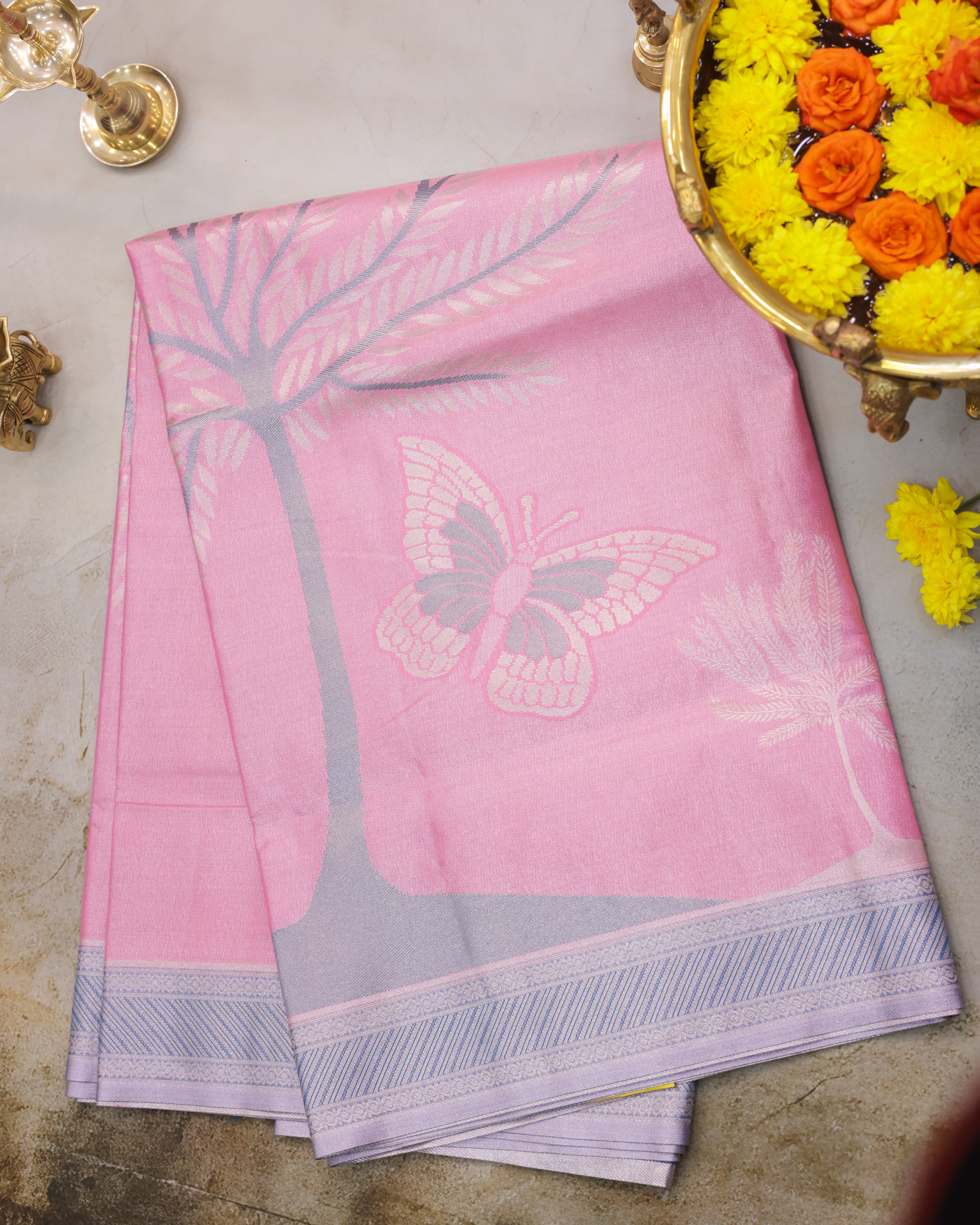 Kanchipuram Tissue Saree with Coconut Tree & Butterfly Motif – Baby Pink