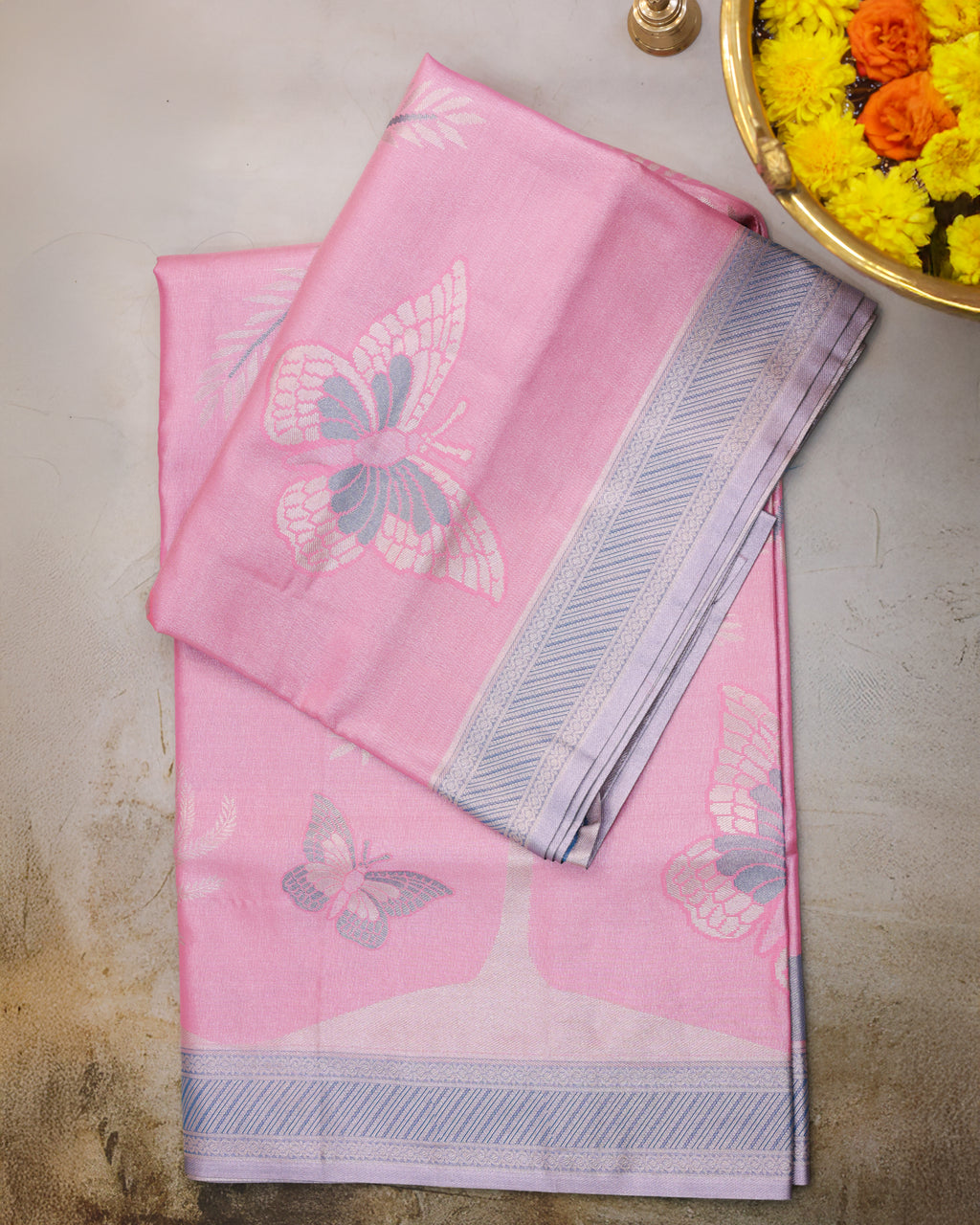Kanchipuram Tissue Saree with Coconut Tree & Butterfly Motif – Baby Pink