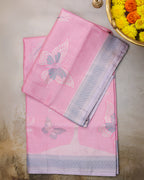 Kanchipuram Tissue Saree with Coconut Tree & Butterfly Motif – Baby Pink