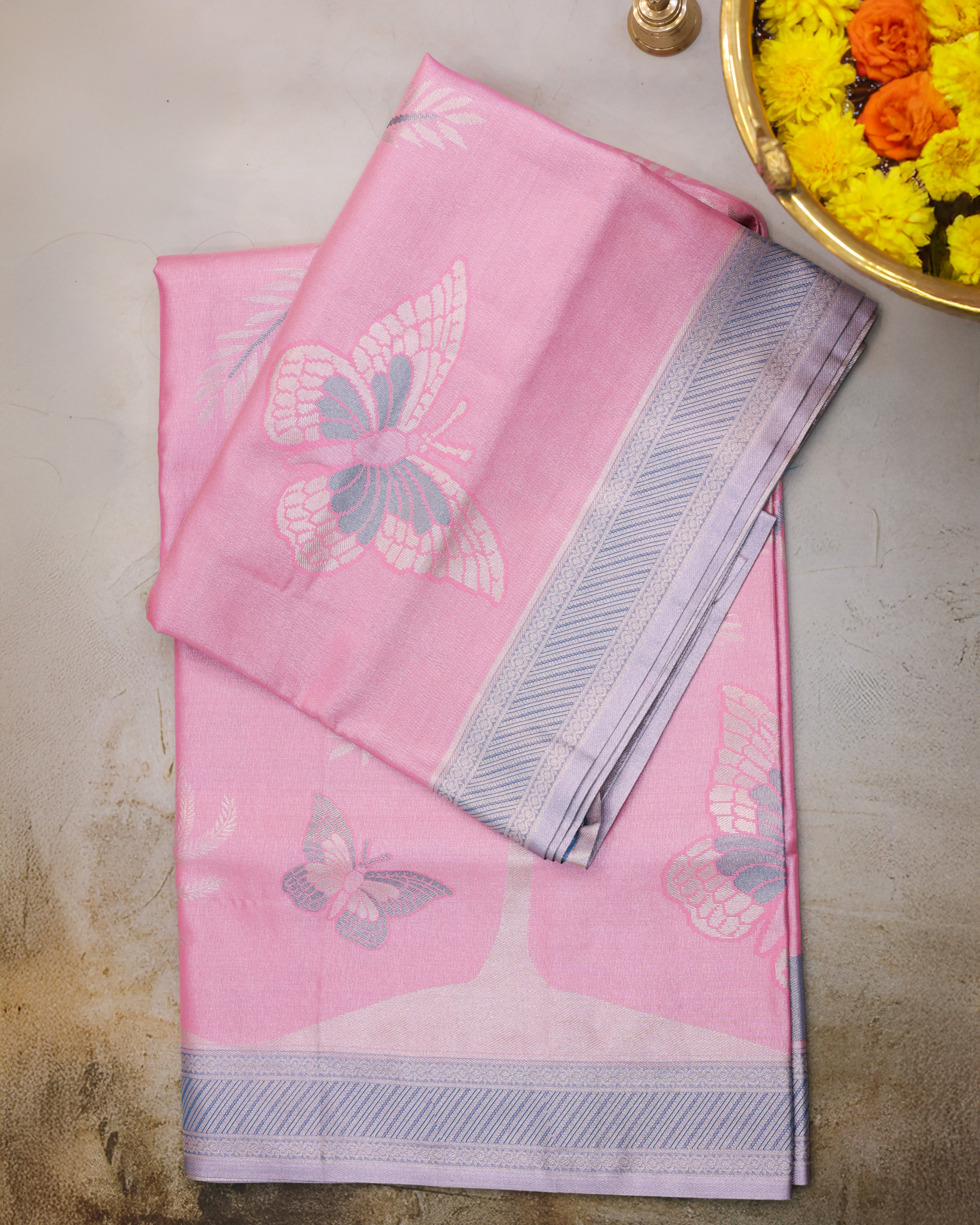 Kanchipuram Tissue Saree with Coconut Tree & Butterfly Motif – Baby Pink