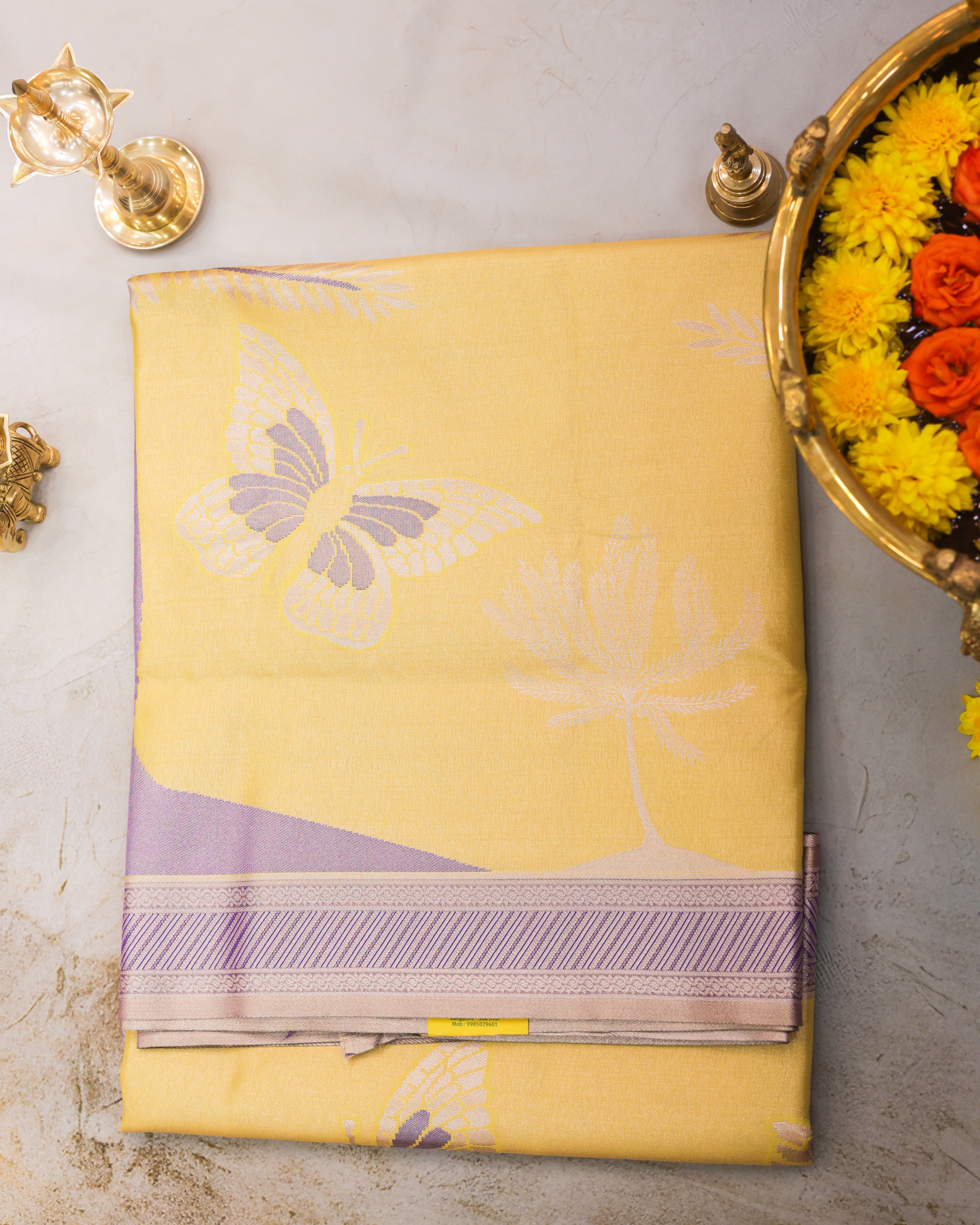 Kanchipuram Tissue Saree with Coconut Tree & Butterfly Motifs in Yellow