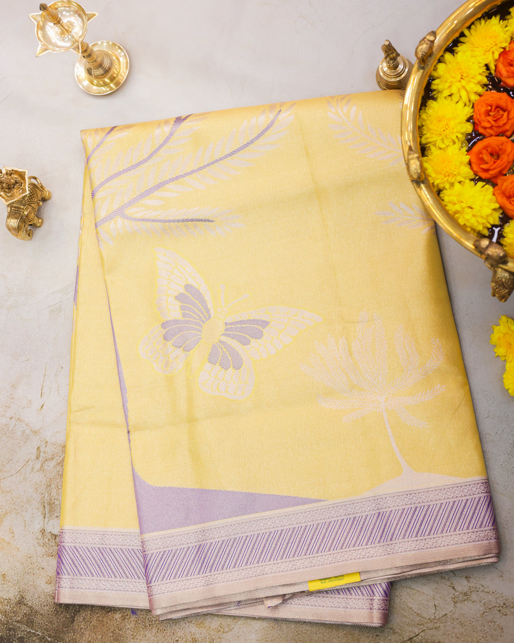 Kanchipuram Tissue Saree with Coconut Tree & Butterfly Motifs in Yellow