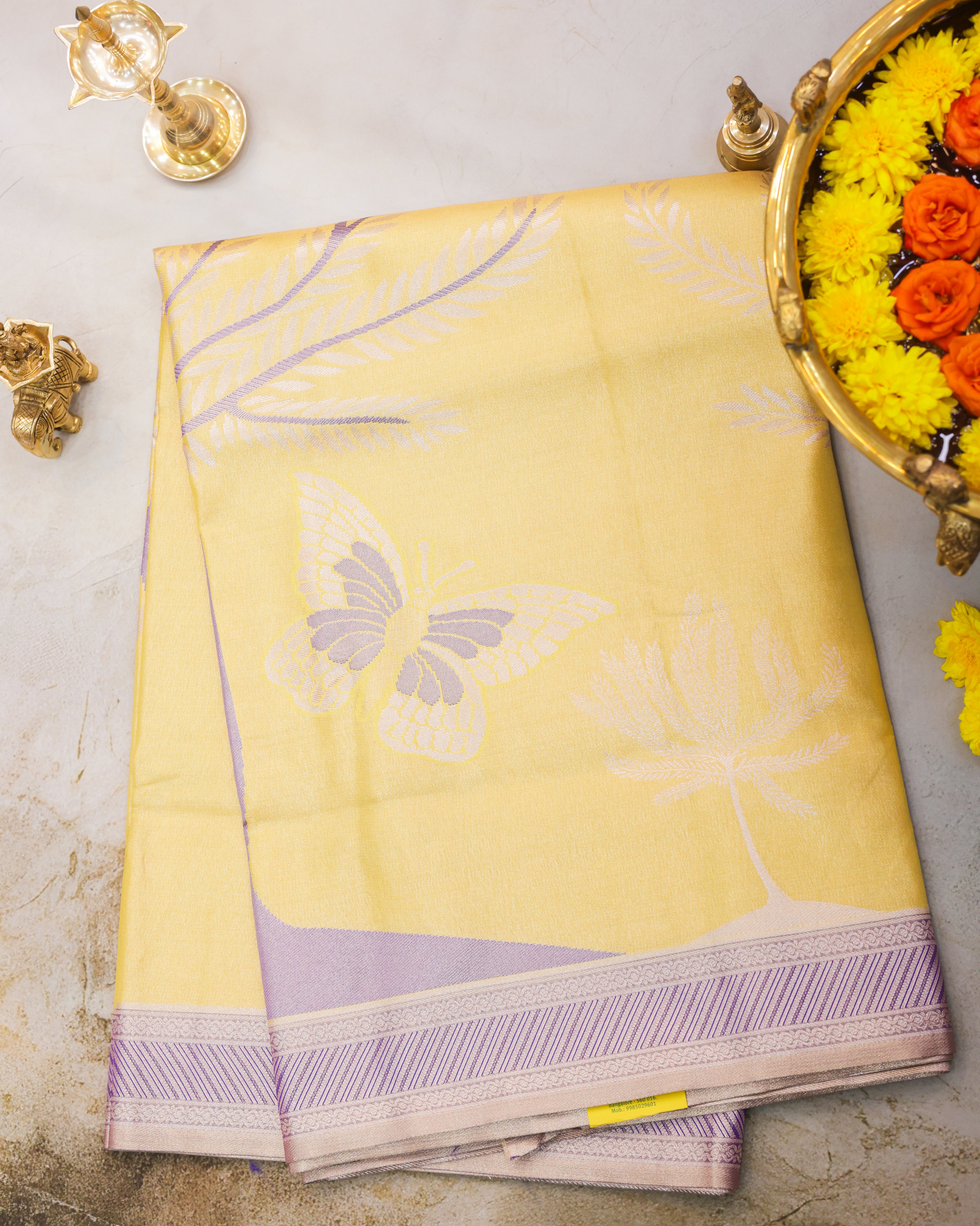 Kanchipuram Tissue Saree with Coconut Tree & Butterfly Motifs in Yellow