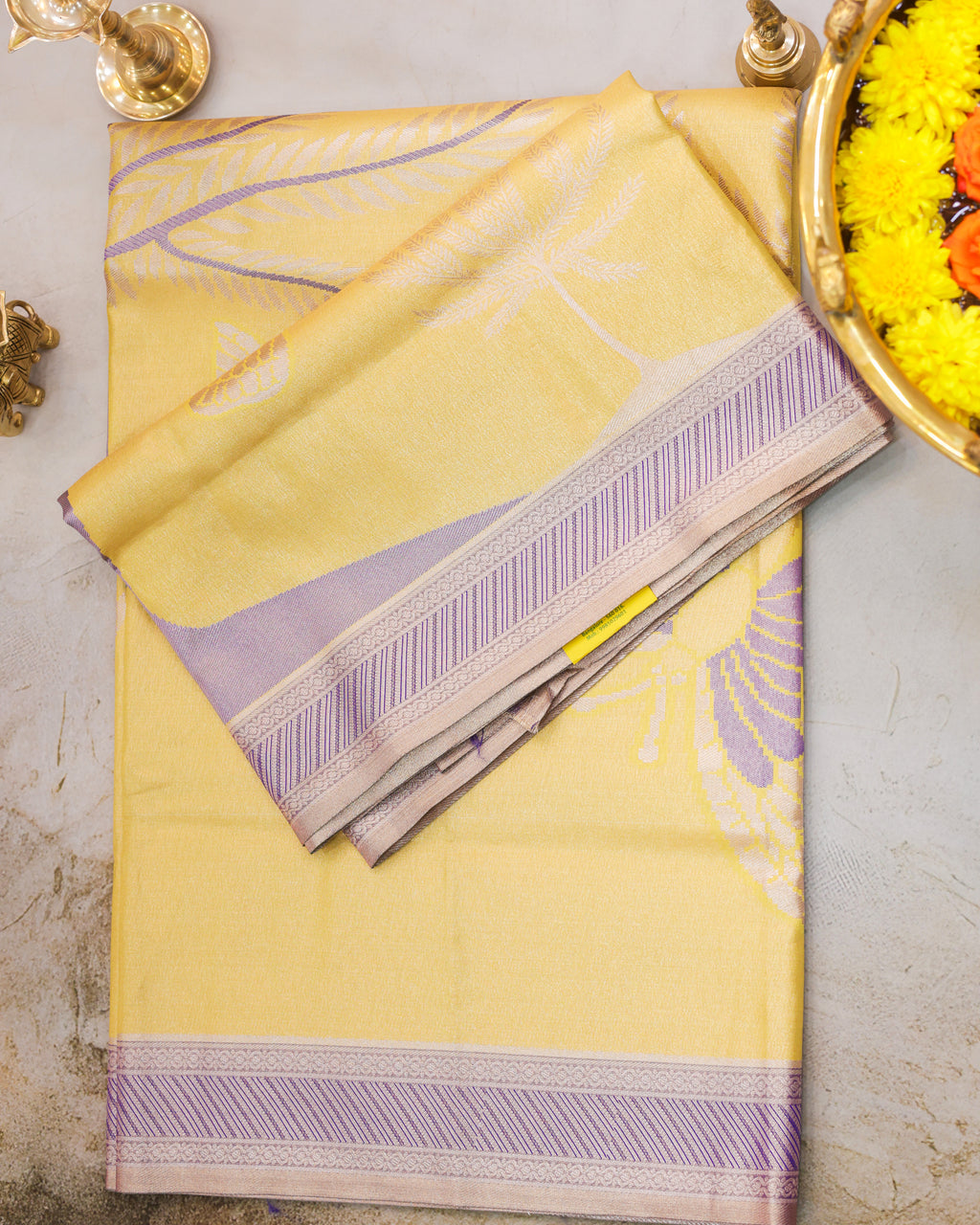 Kanchipuram Tissue Saree with Coconut Tree & Butterfly Motifs in Yellow