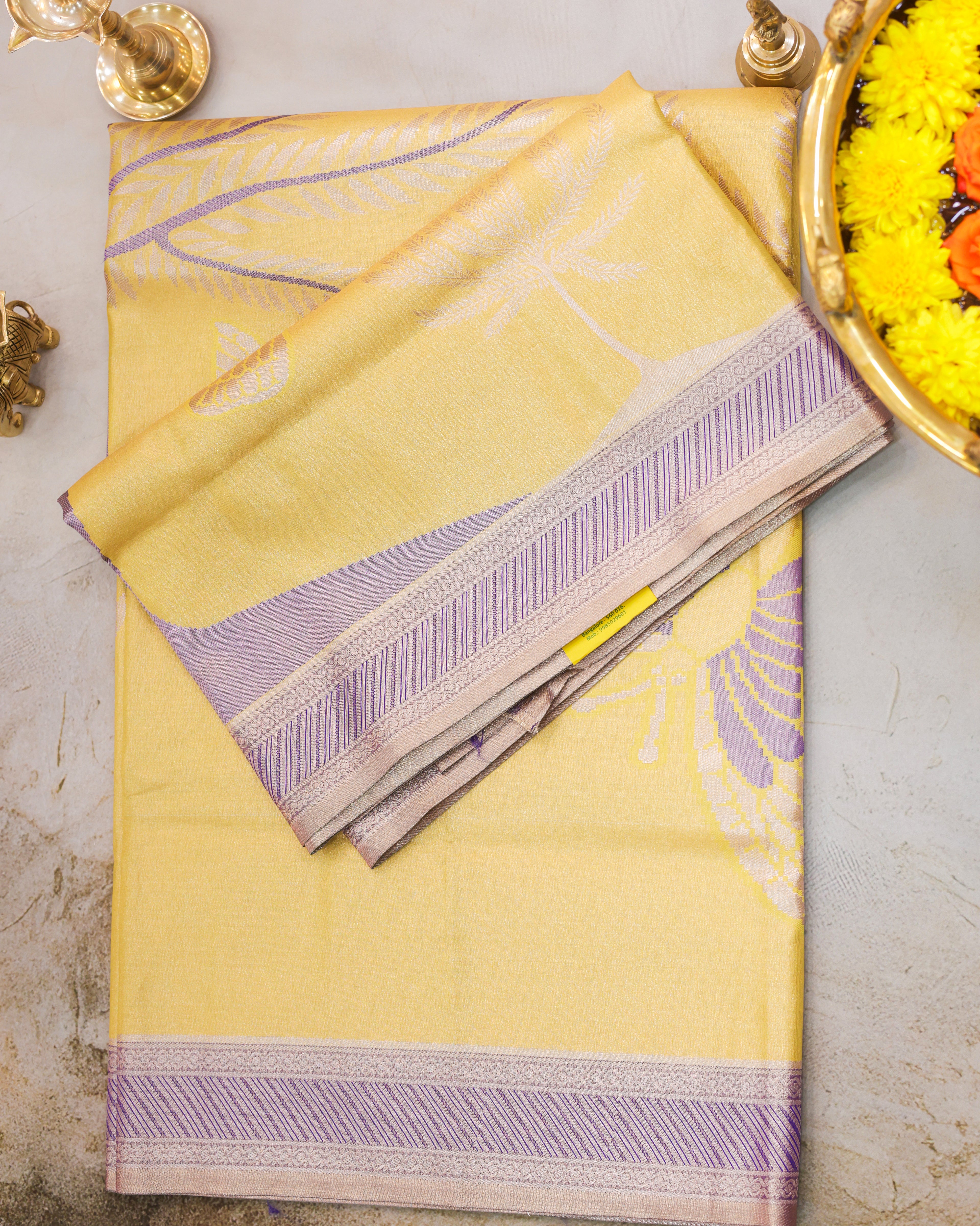 Kanchipuram Tissue Saree with Coconut Tree & Butterfly Motifs in Yellow