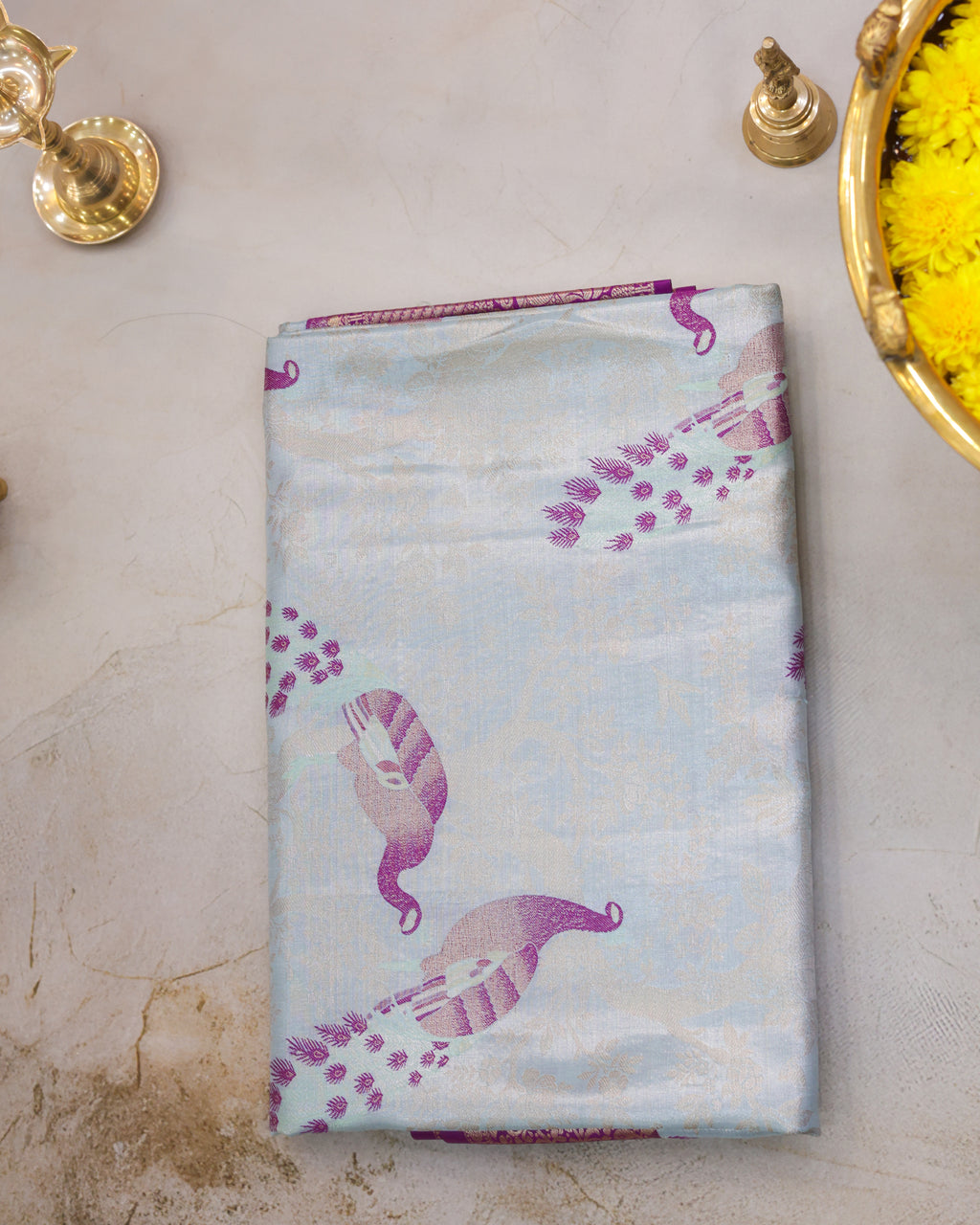 Kanchipuram Tissue Fancy Saree in Pastel Sky Blue with Golden Zari Weaving