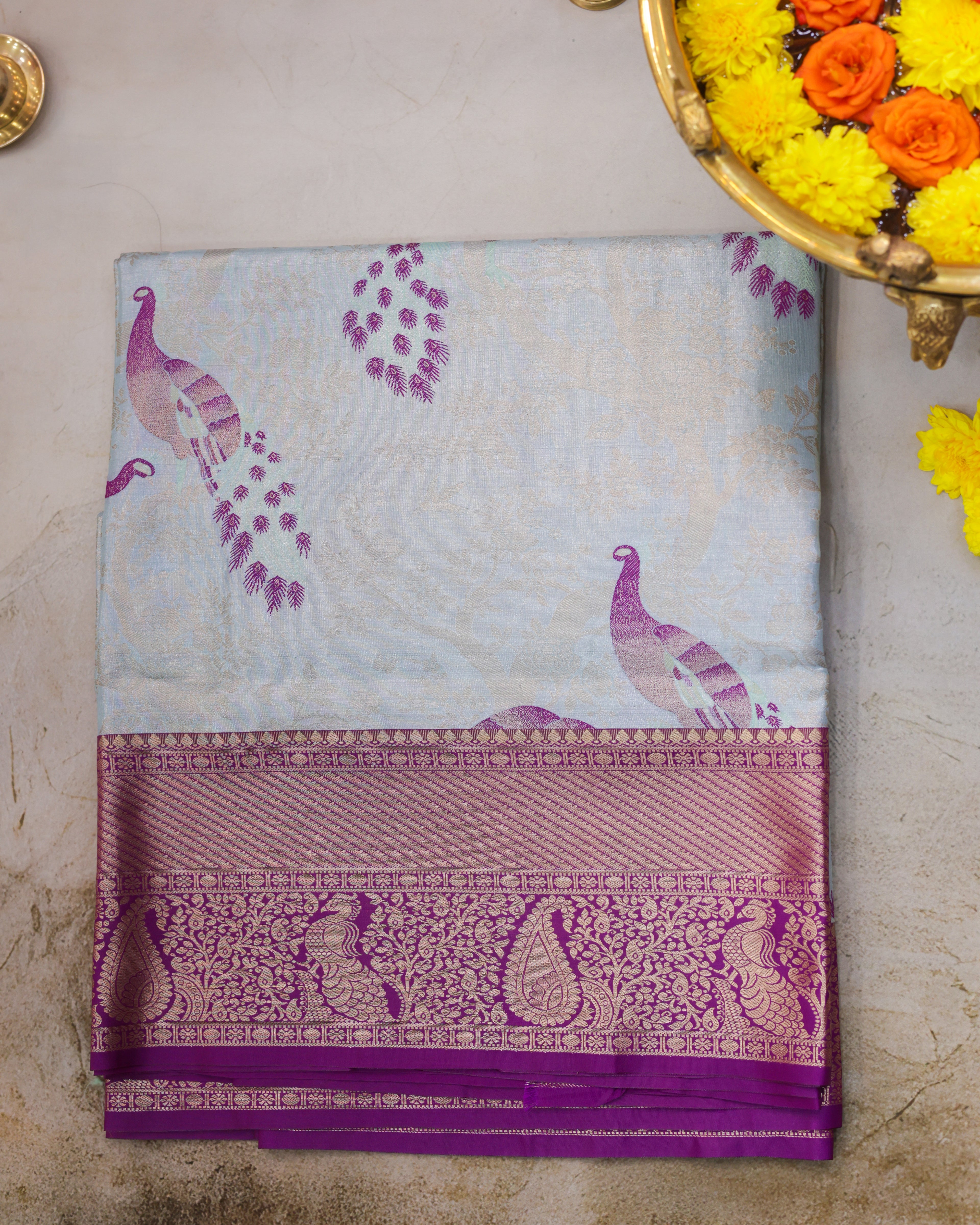 Kanchipuram Tissue Fancy Saree in Pastel Sky Blue with Golden Zari Weaving