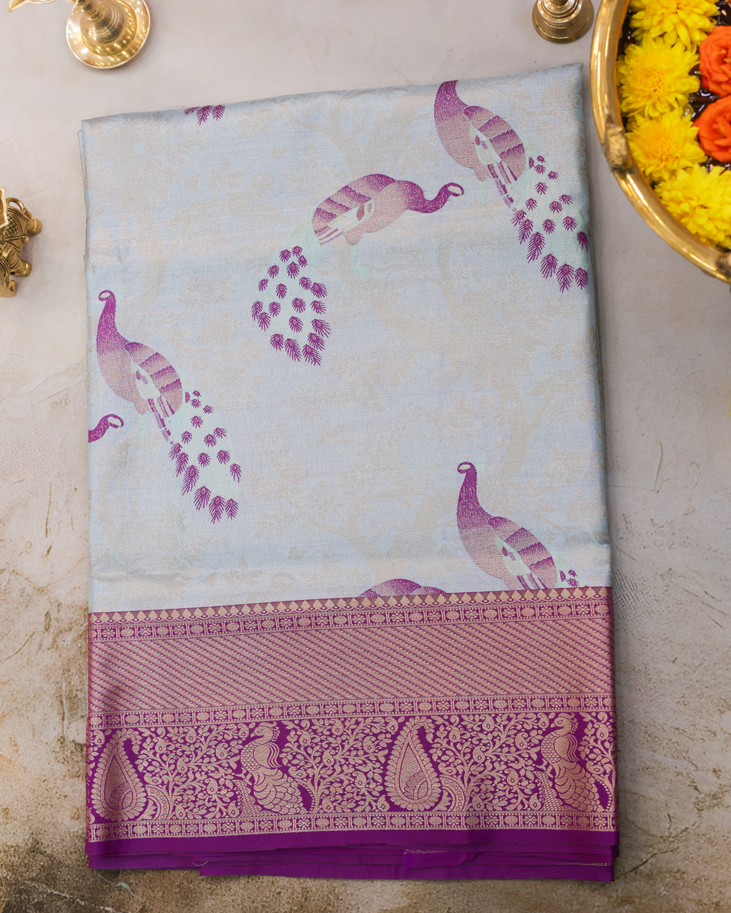 Kanchipuram Tissue Fancy Saree in Pastel Sky Blue with Golden Zari Weaving
