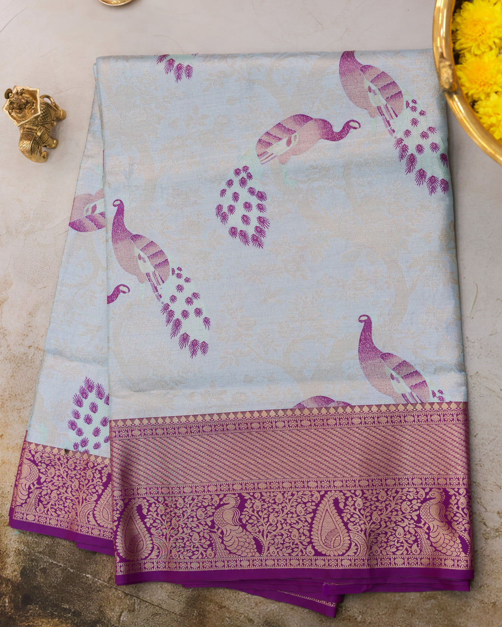 Kanchipuram Tissue Fancy Saree in Pastel Sky Blue with Golden Zari Weaving