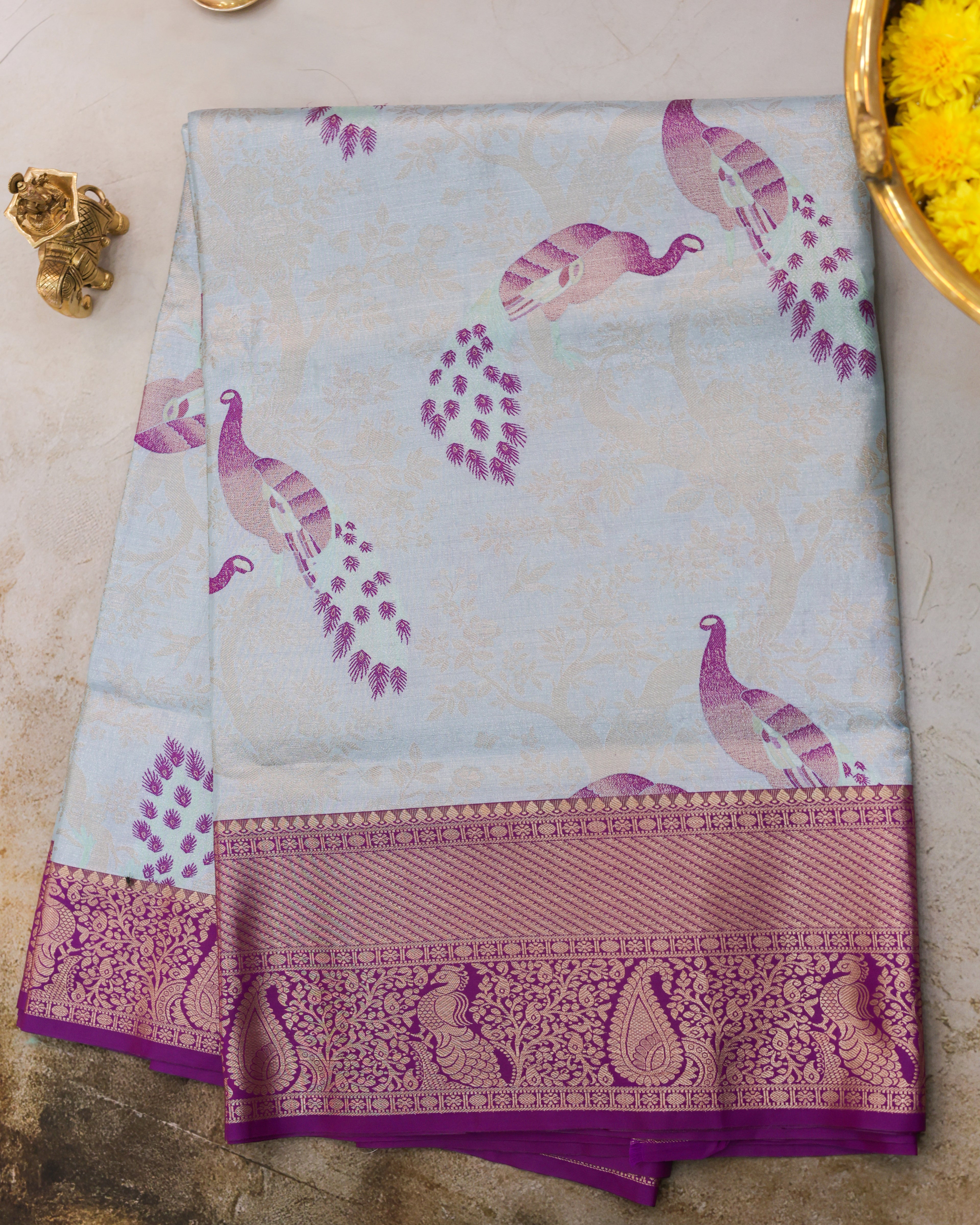 Kanchipuram Tissue Fancy Saree in Pastel Sky Blue with Golden Zari Weaving