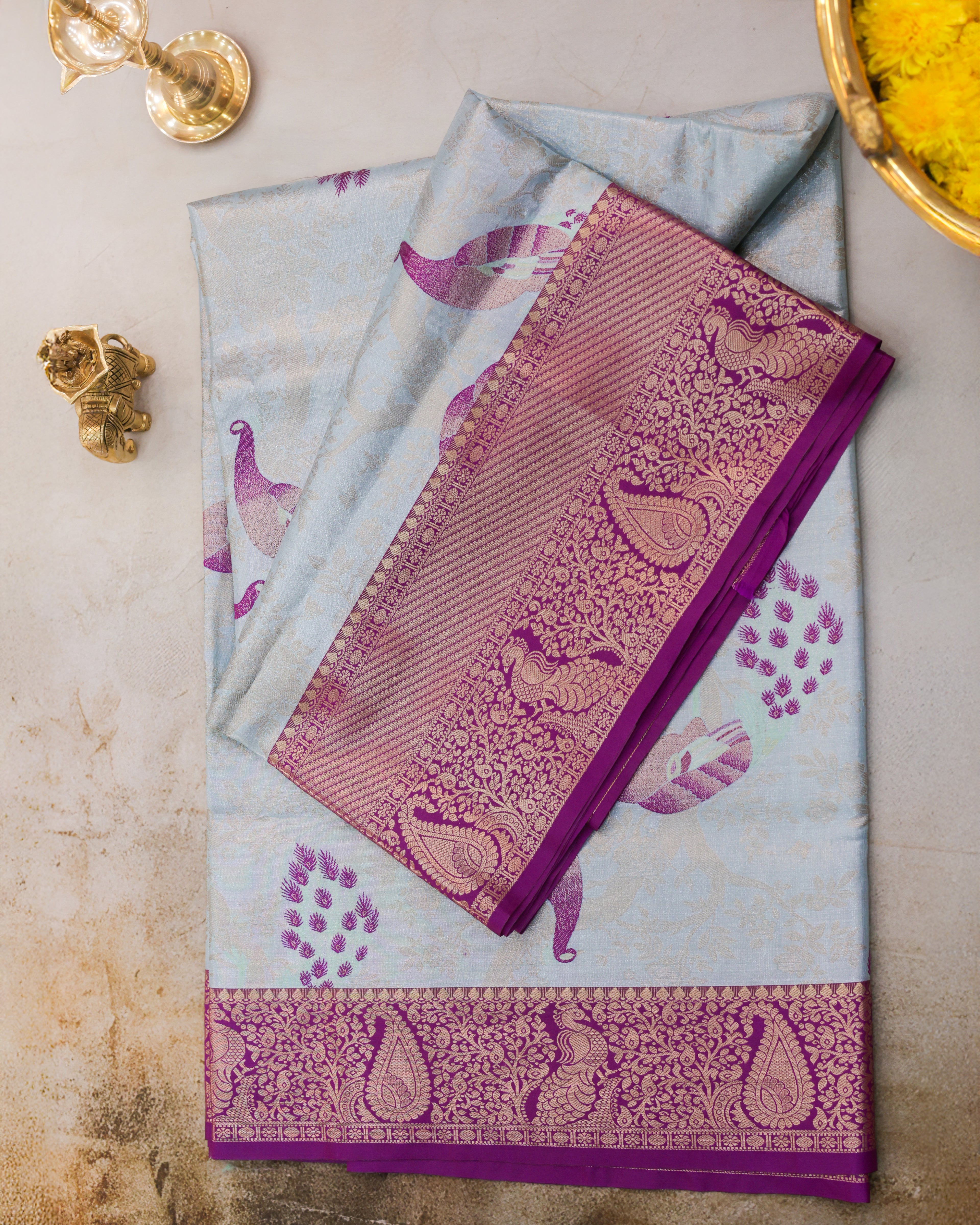 Kanchipuram Tissue Fancy Saree in Pastel Sky Blue with Golden Zari Weaving