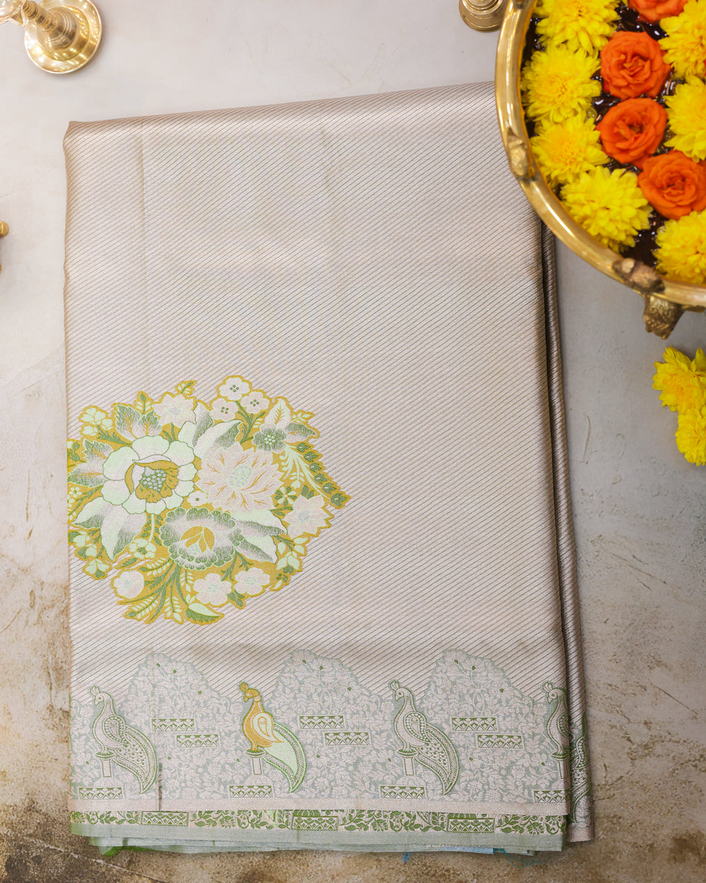 Kanchipuram Tissue Fancy Saree with Meenakari Floral Motifs