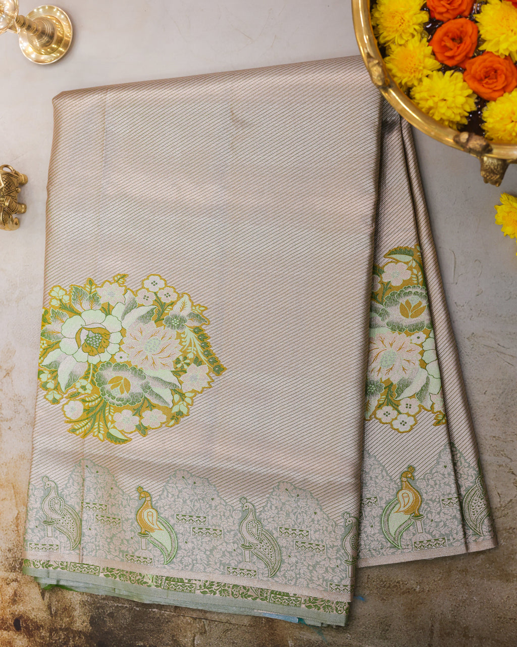 Kanchipuram Tissue Fancy Saree with Meenakari Floral Motifs