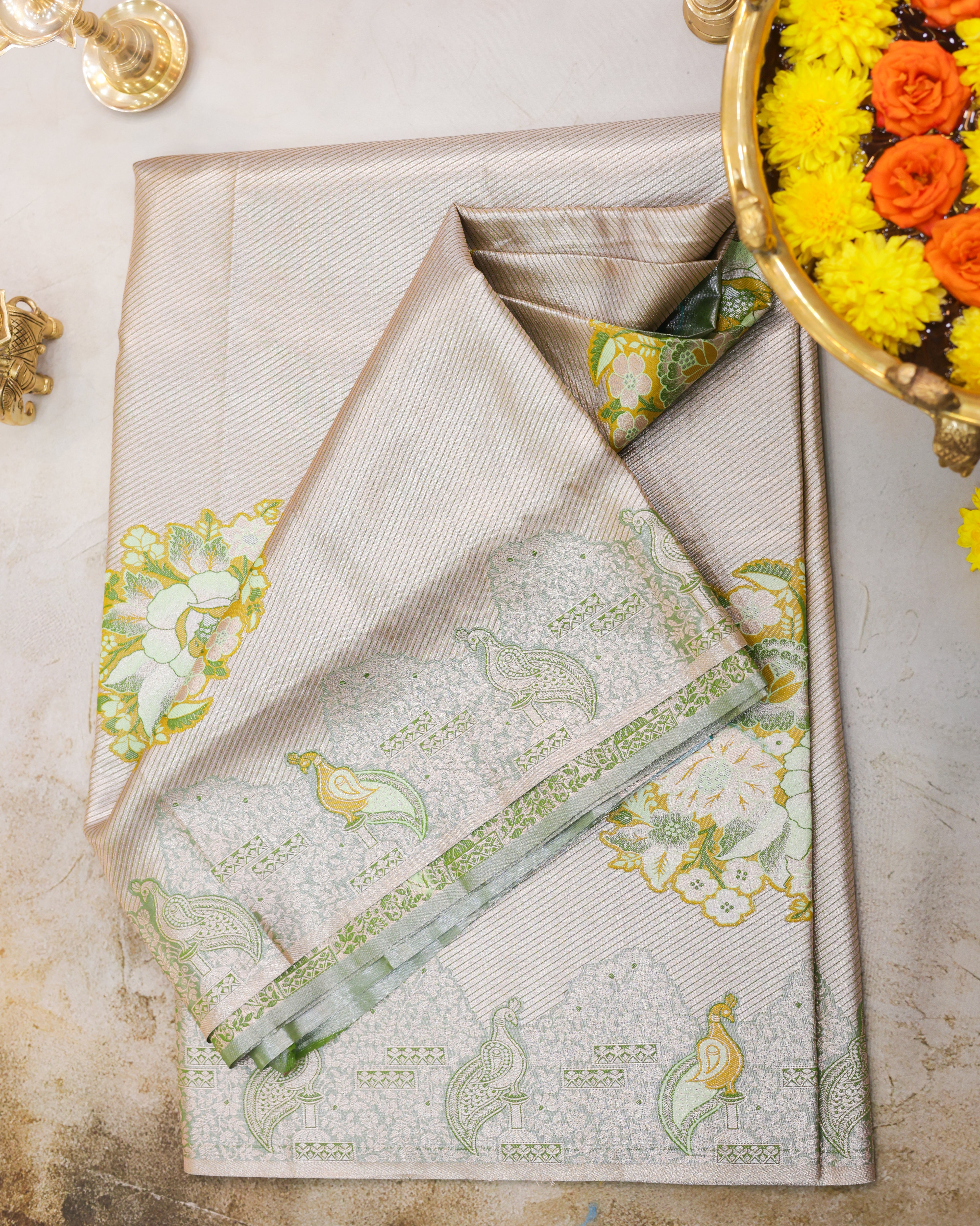 Kanchipuram Tissue Fancy Saree with Meenakari Floral Motifs