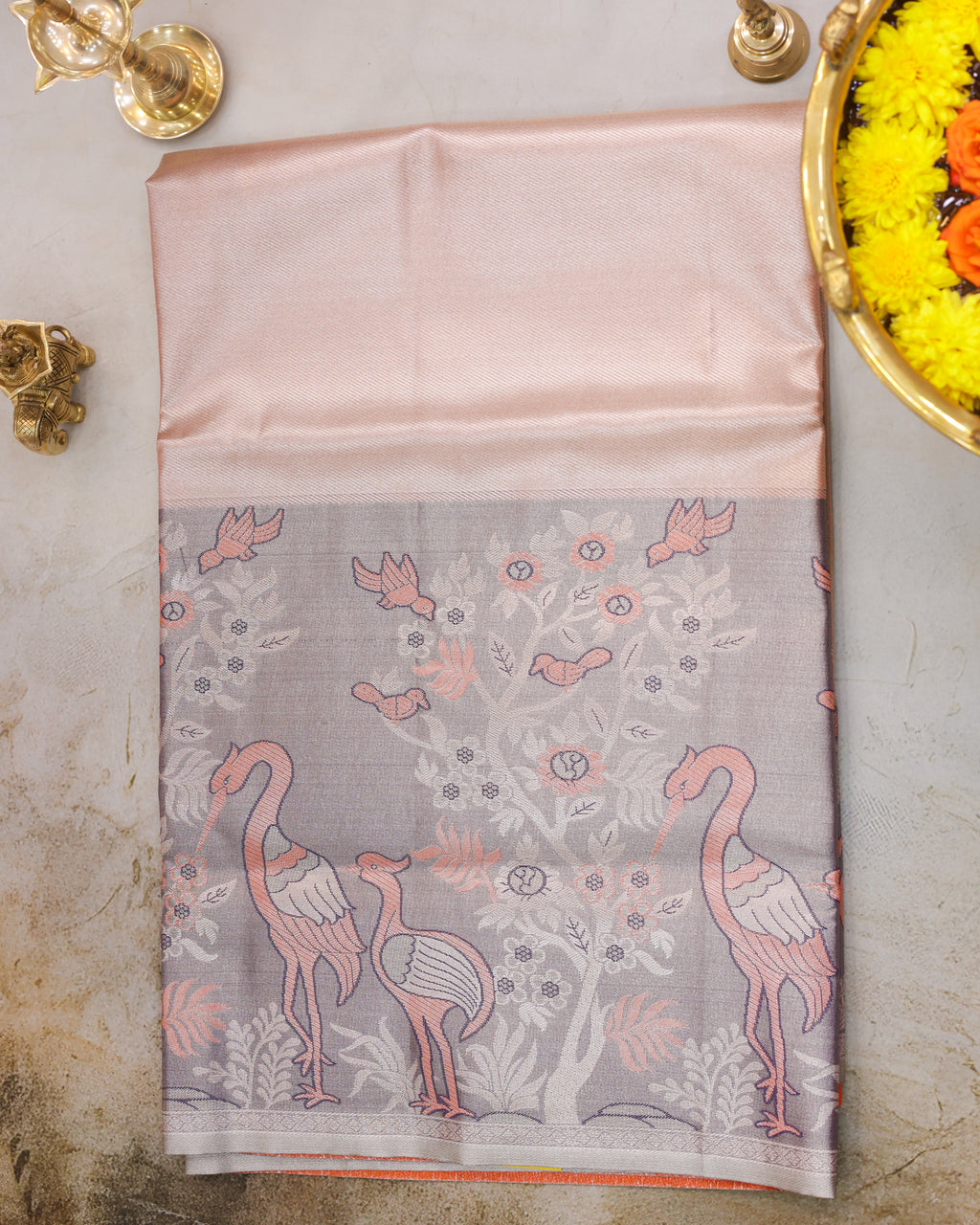 Kanchipuram Tissue Fancy Saree in Orange Golden with Meena Kari Work