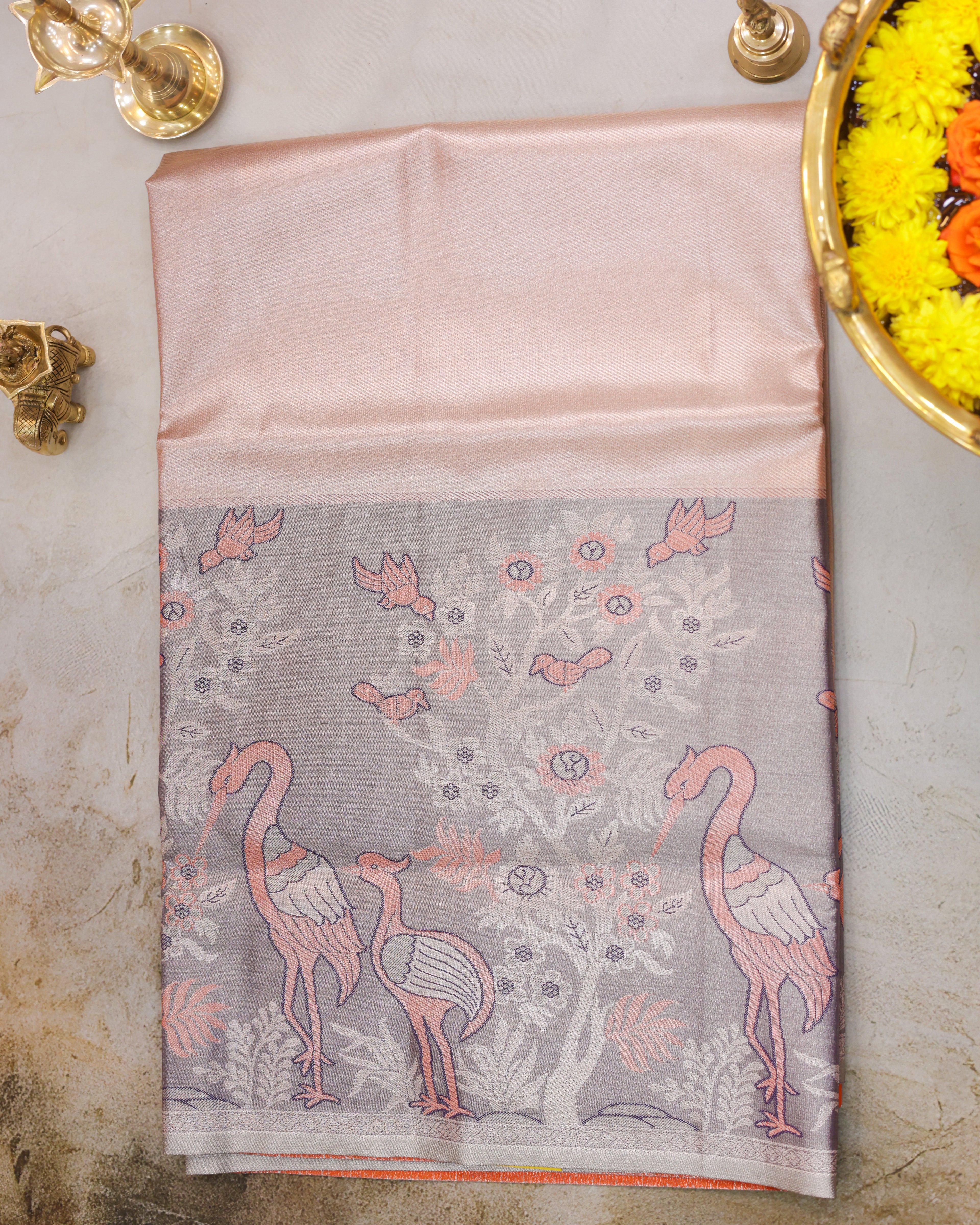 Kanchipuram Tissue Fancy Saree in Orange Golden with Meena Kari Work