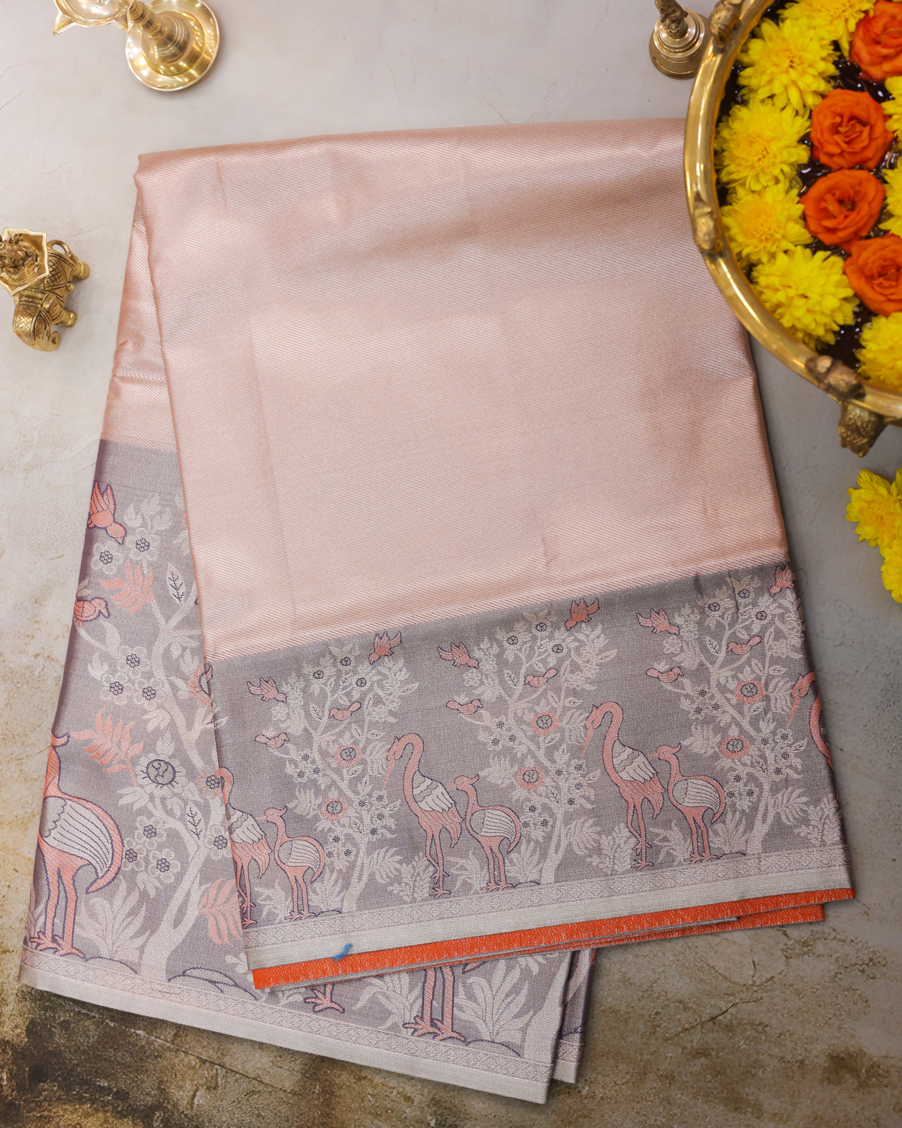 Kanchipuram Tissue Fancy Saree in Orange Golden with Meena Kari Work