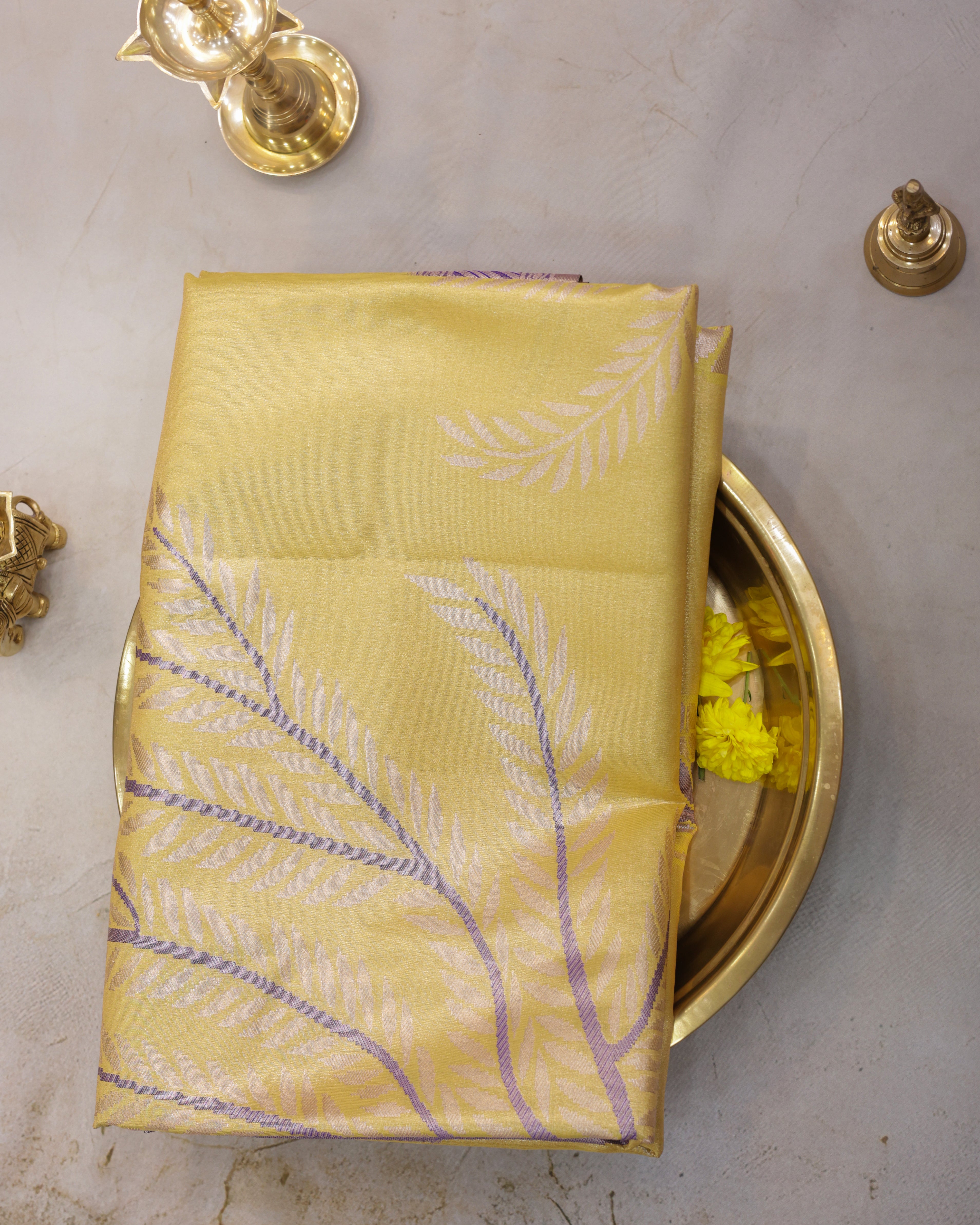 Kanchipuram Tissue Saree with Coconut Tree & Butterfly Motifs in Yellow
