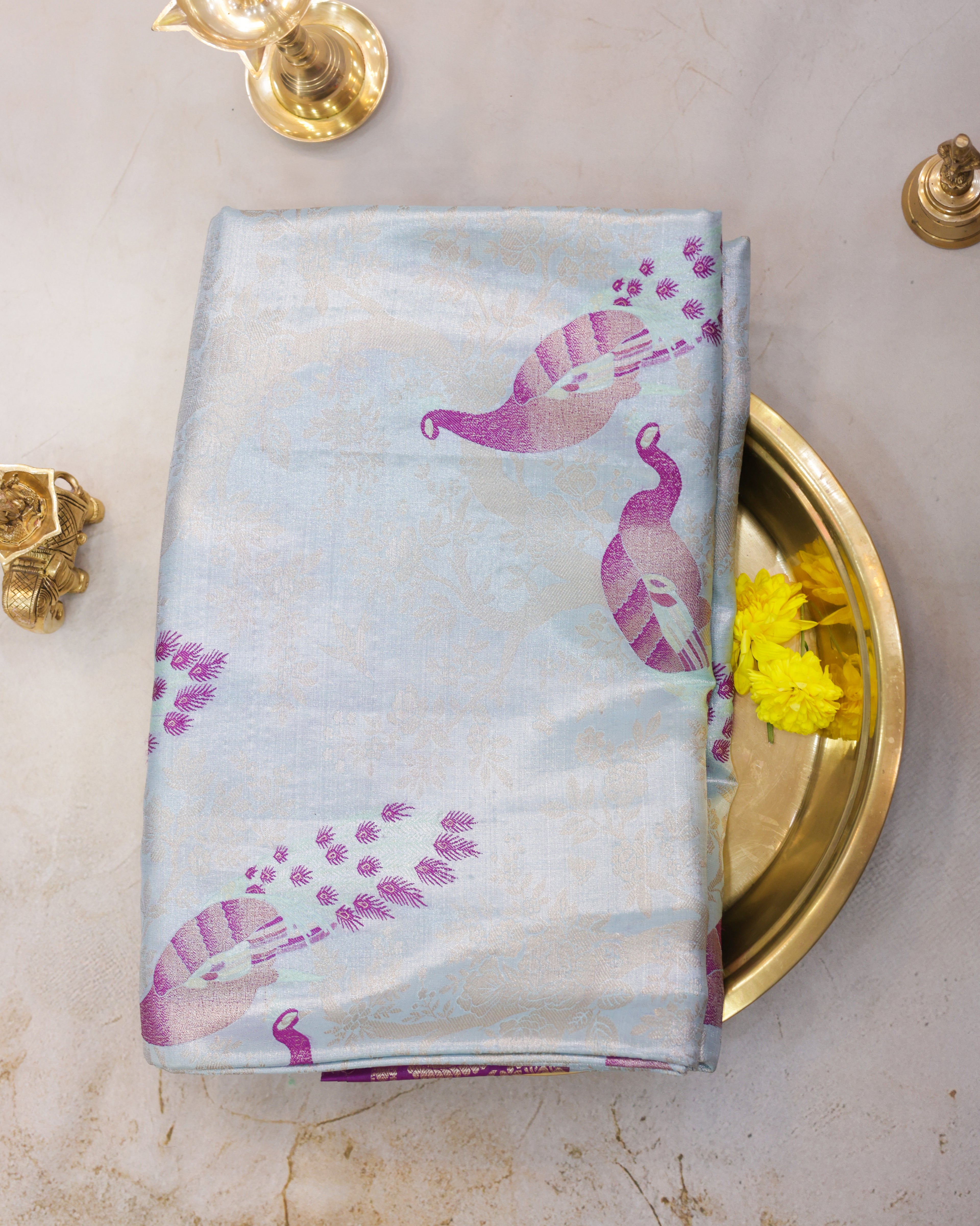 Kanchipuram Tissue Fancy Saree in Pastel Sky Blue with Golden Zari Weaving
