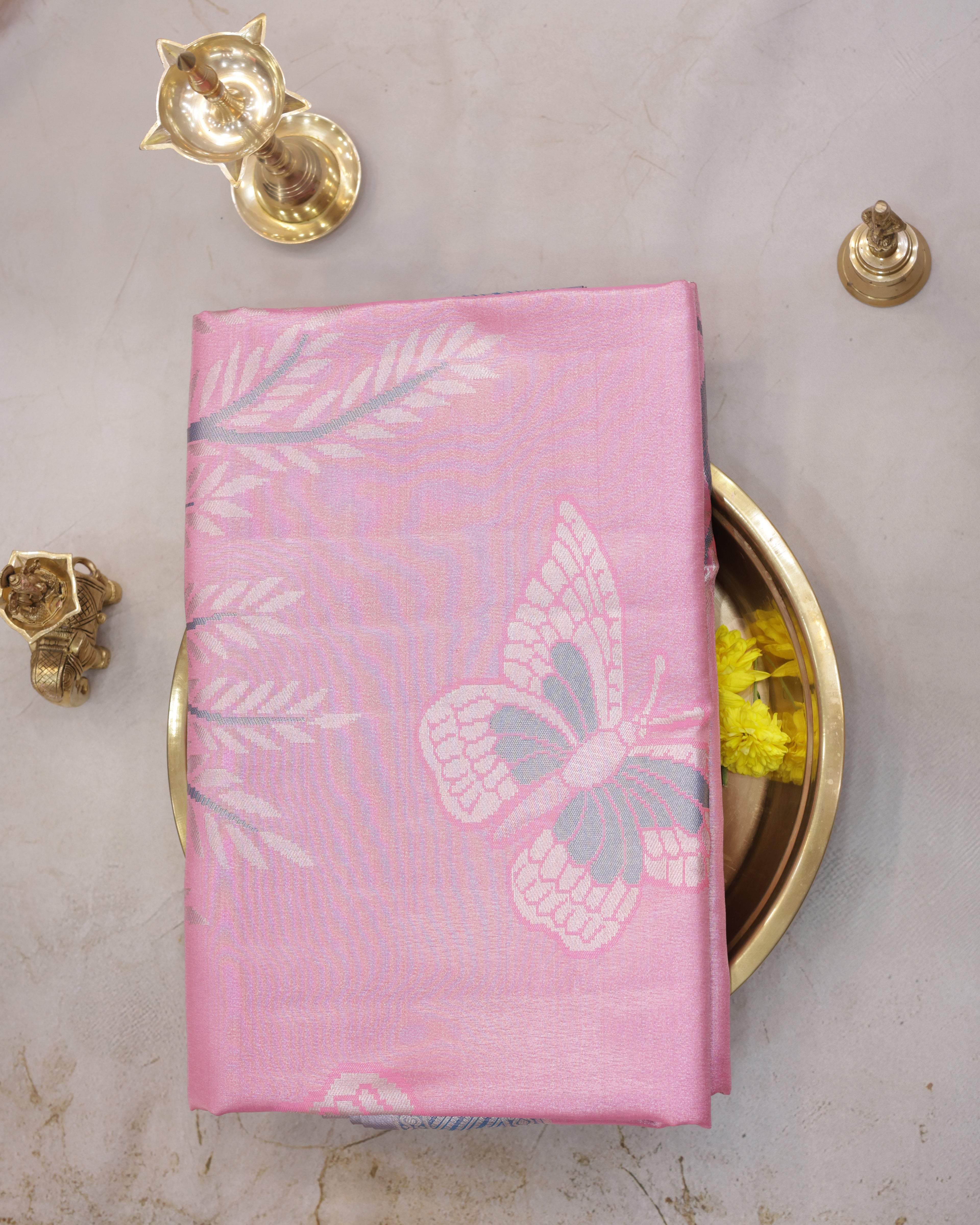 Kanchipuram Tissue Saree with Coconut Tree & Butterfly Motif – Baby Pink