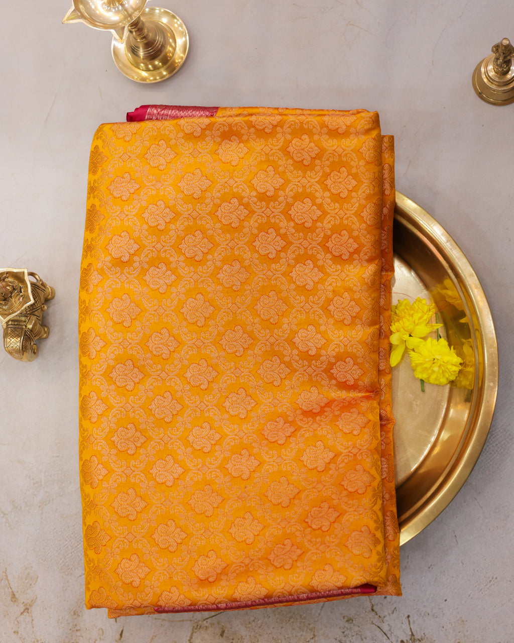 Kanchipuram All Over Bridal Yellow Saree with Copper Zari