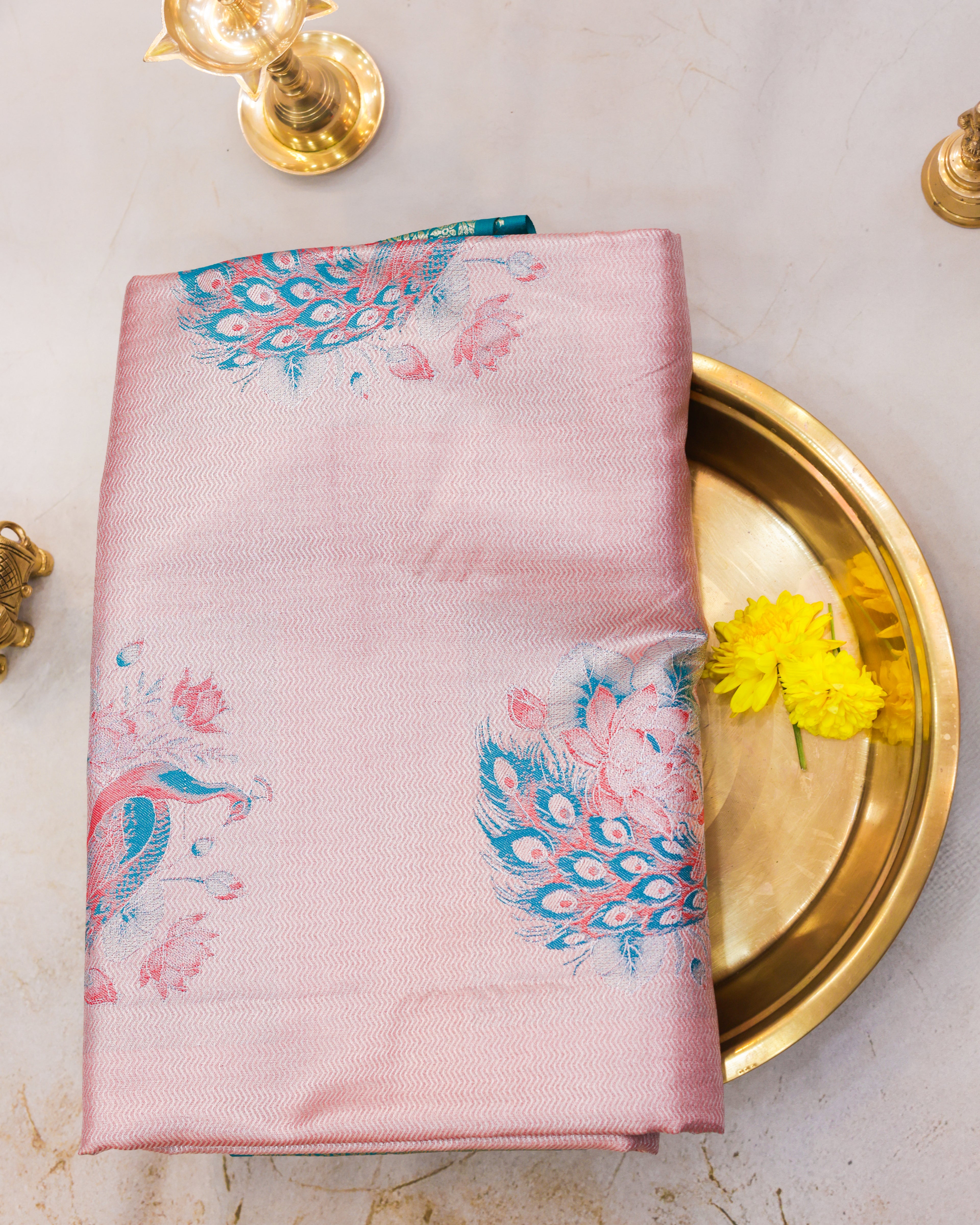 Kanchipuram Tissue Peacock Meena Kari Saree in Brick Tones