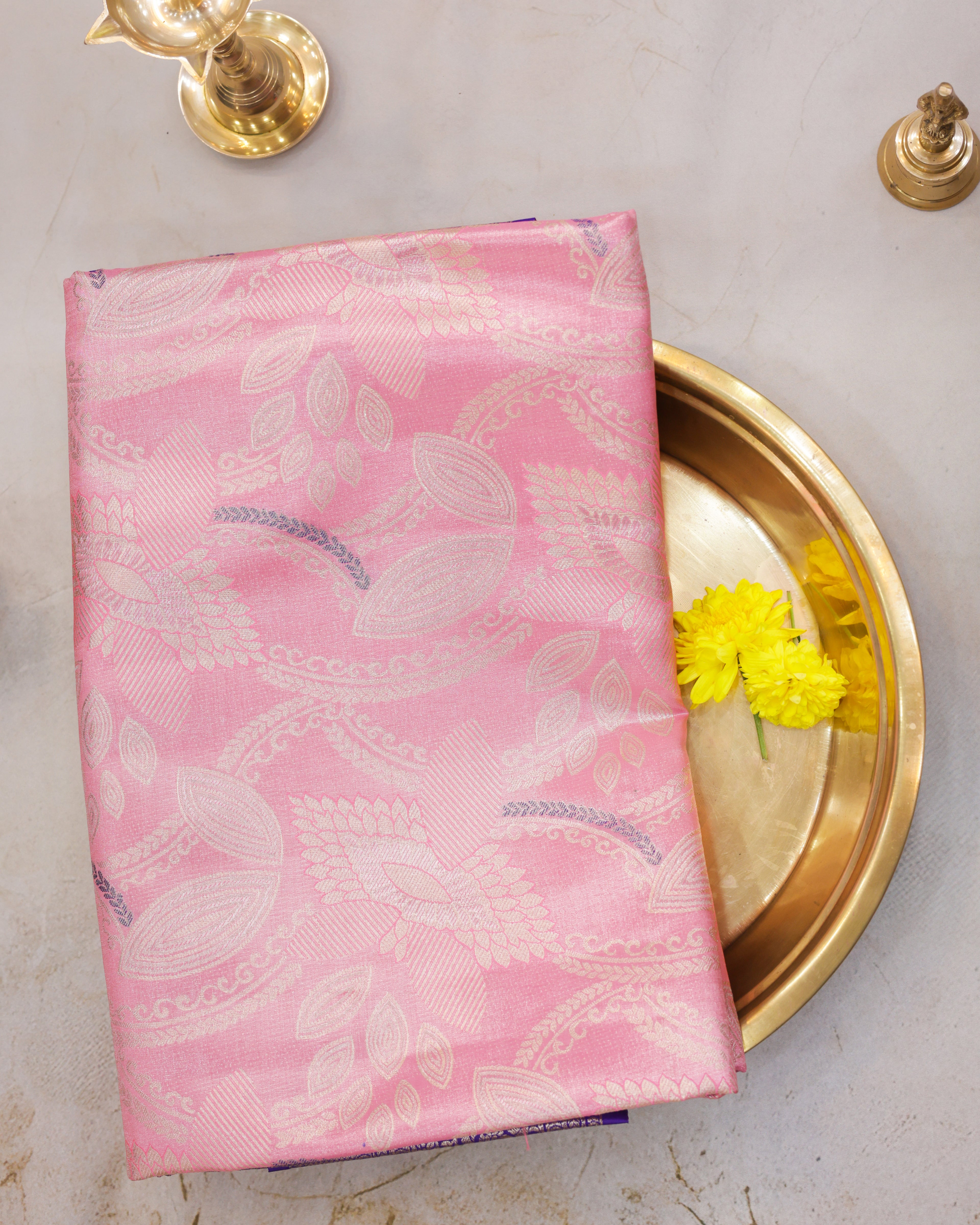 Pink Kanchipuram Tissue Saree with All-Over Golden Zari Design