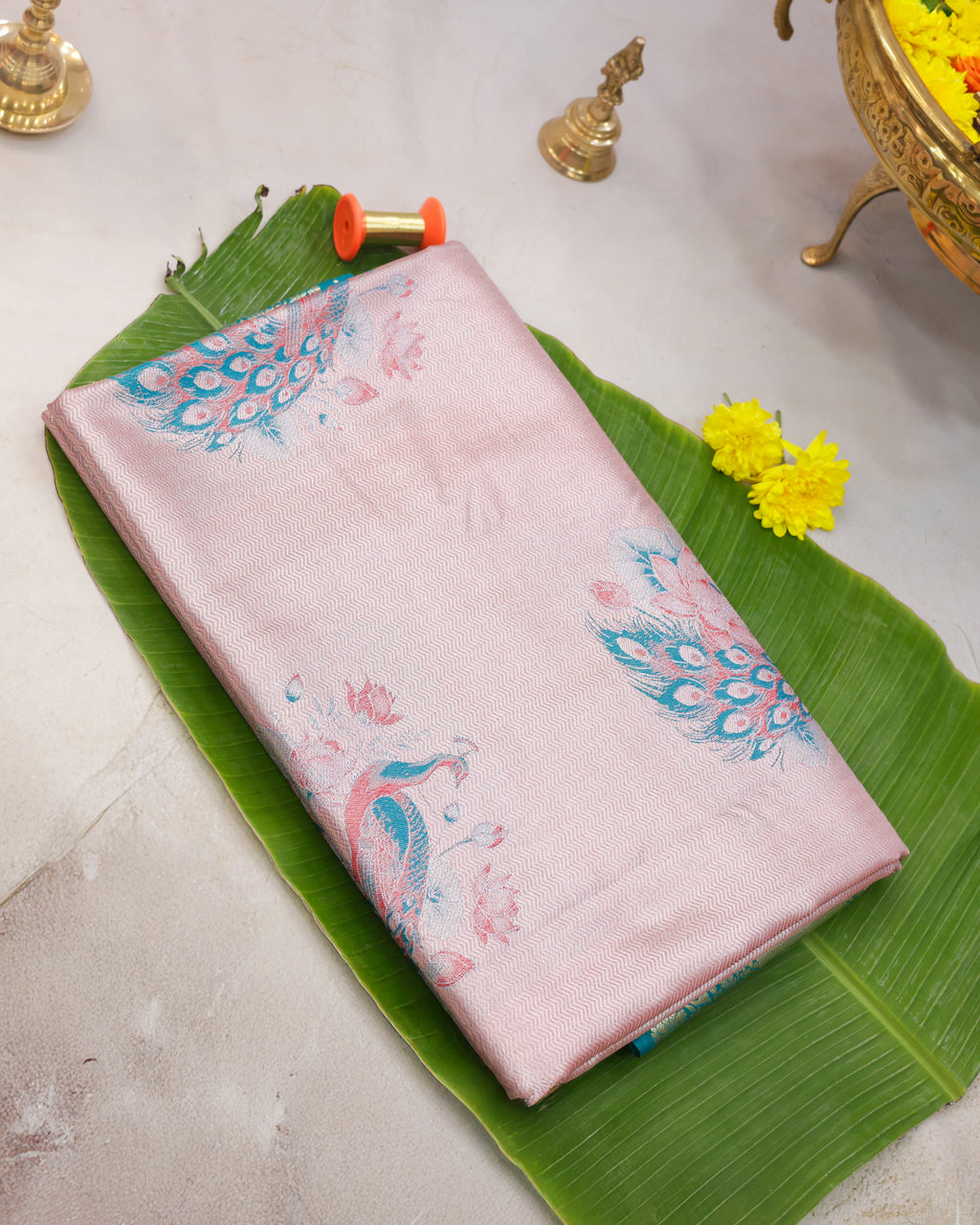 Kanchipuram Tissue Peacock Meena Kari Saree in Brick Tones