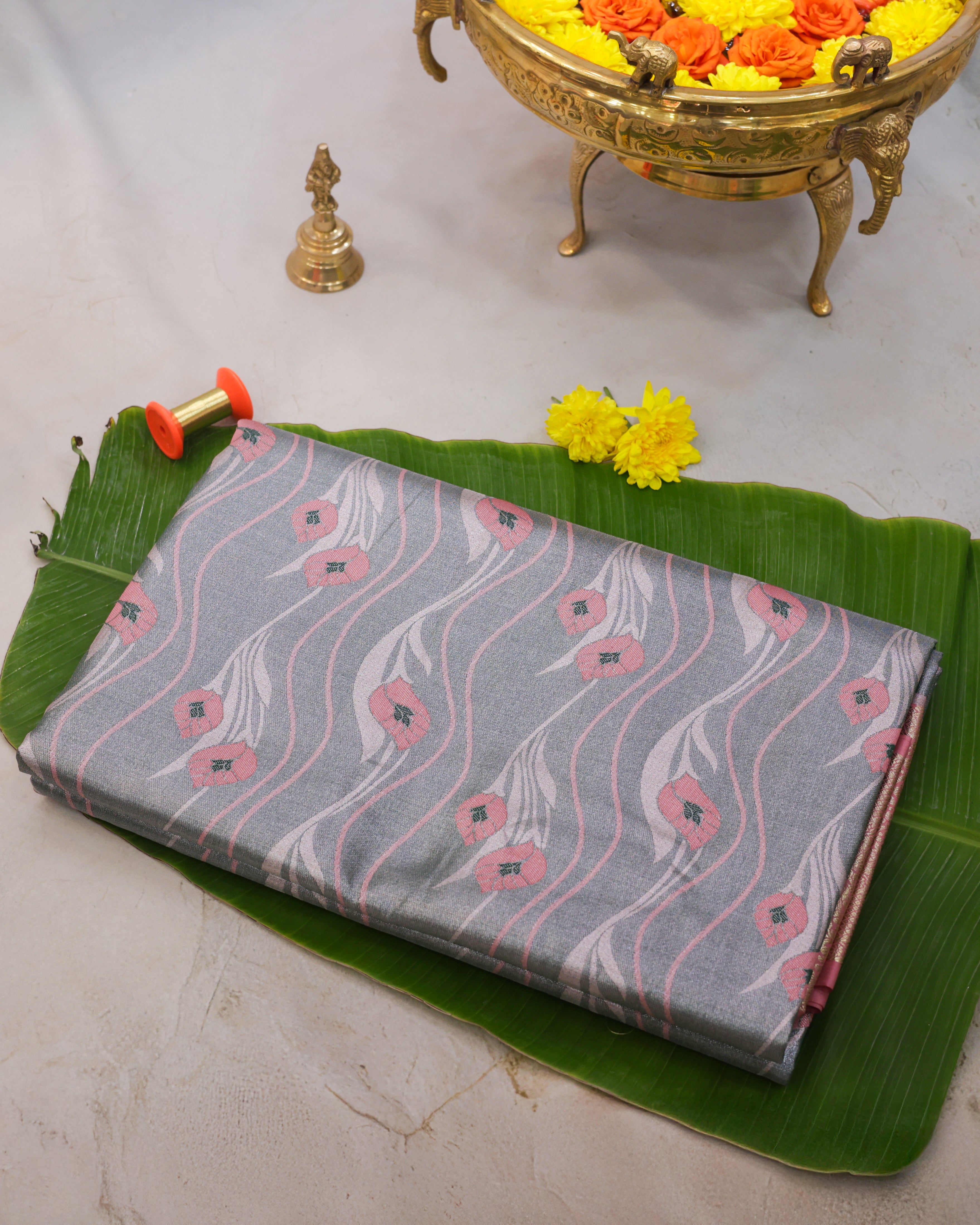 Kanchipuram Tissue Saree with Crepers Design in Green Golden Tones
