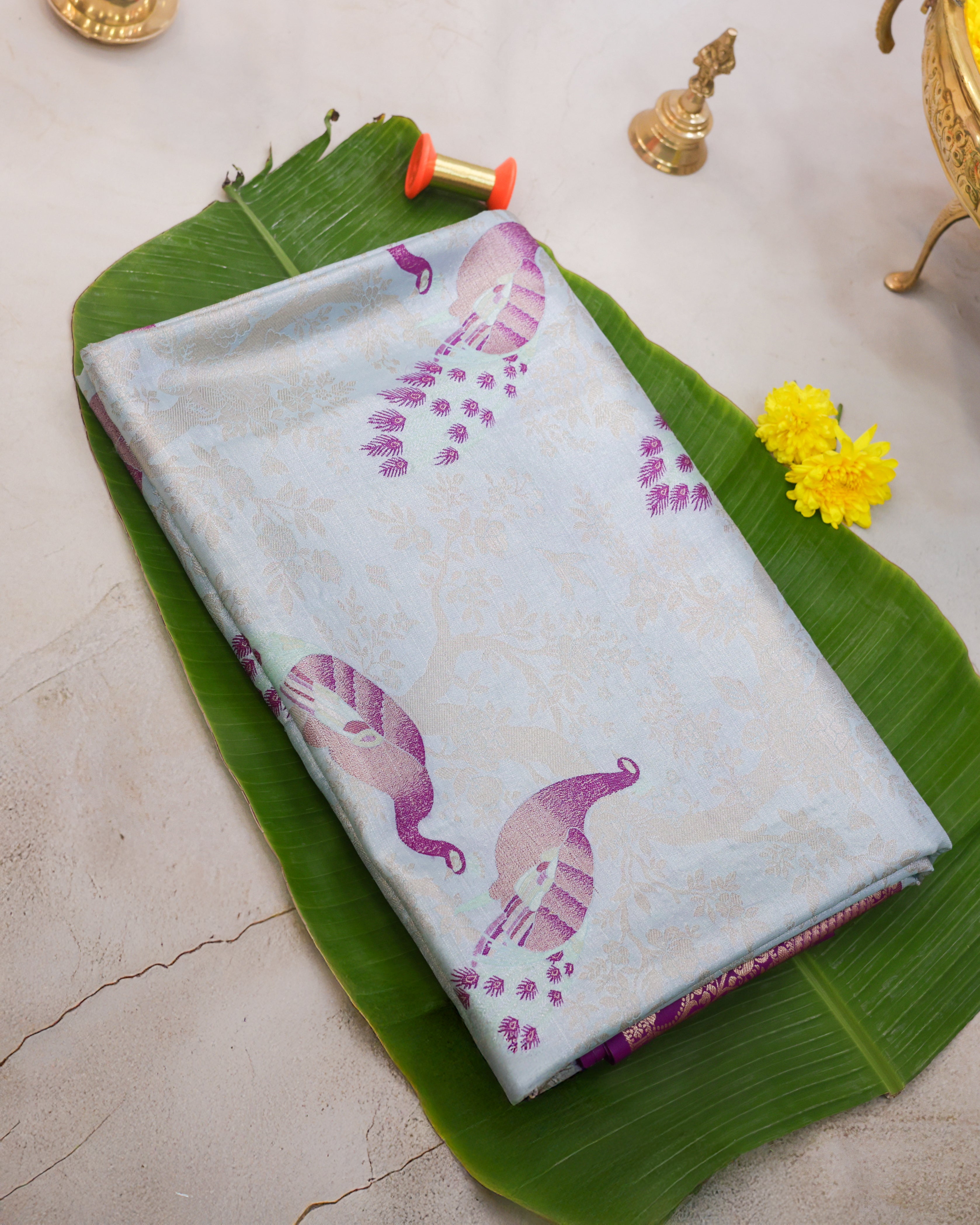 Kanchipuram Tissue Fancy Saree in Pastel Sky Blue with Golden Zari Weaving