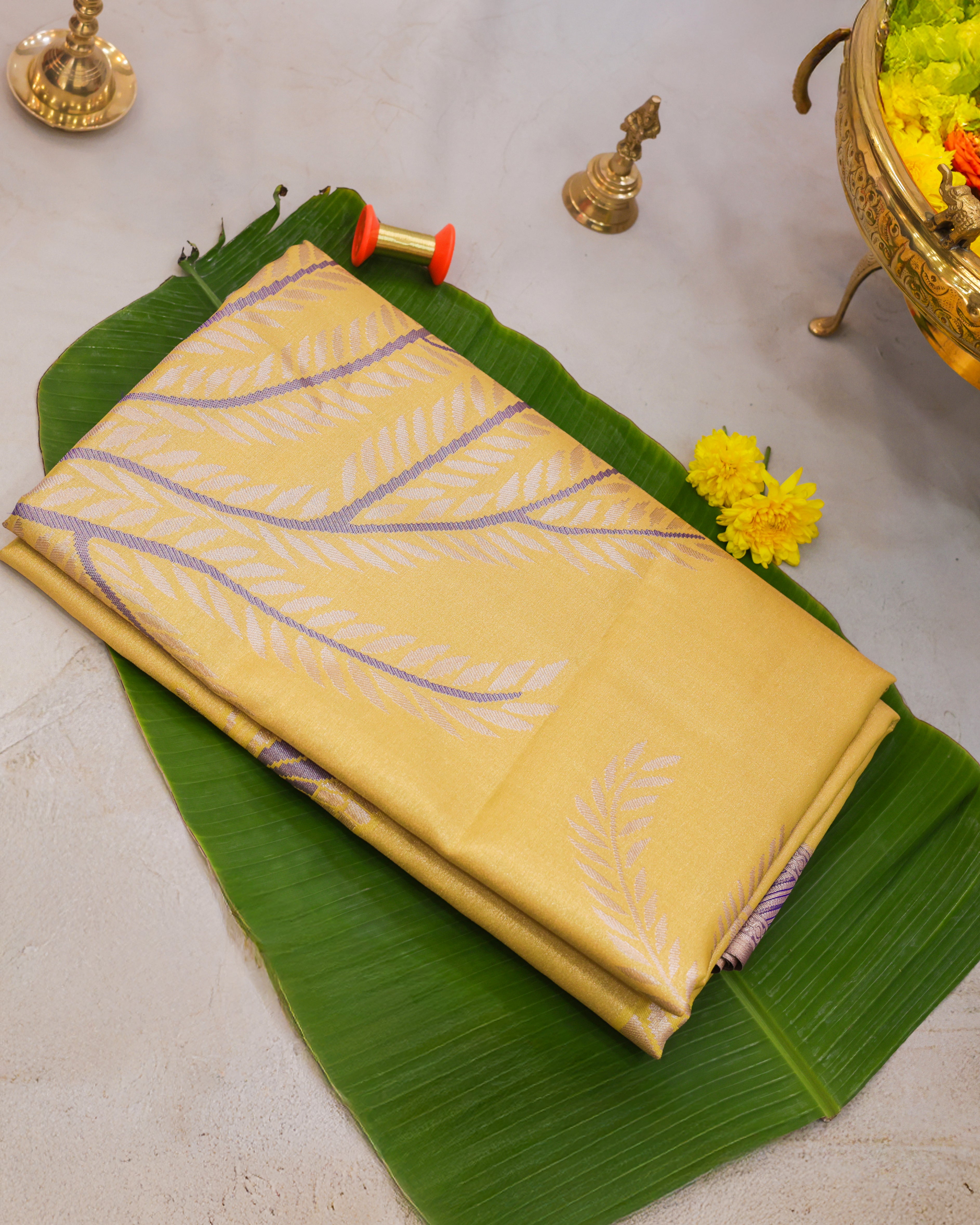 Kanchipuram Tissue Saree with Coconut Tree & Butterfly Motifs in Yellow