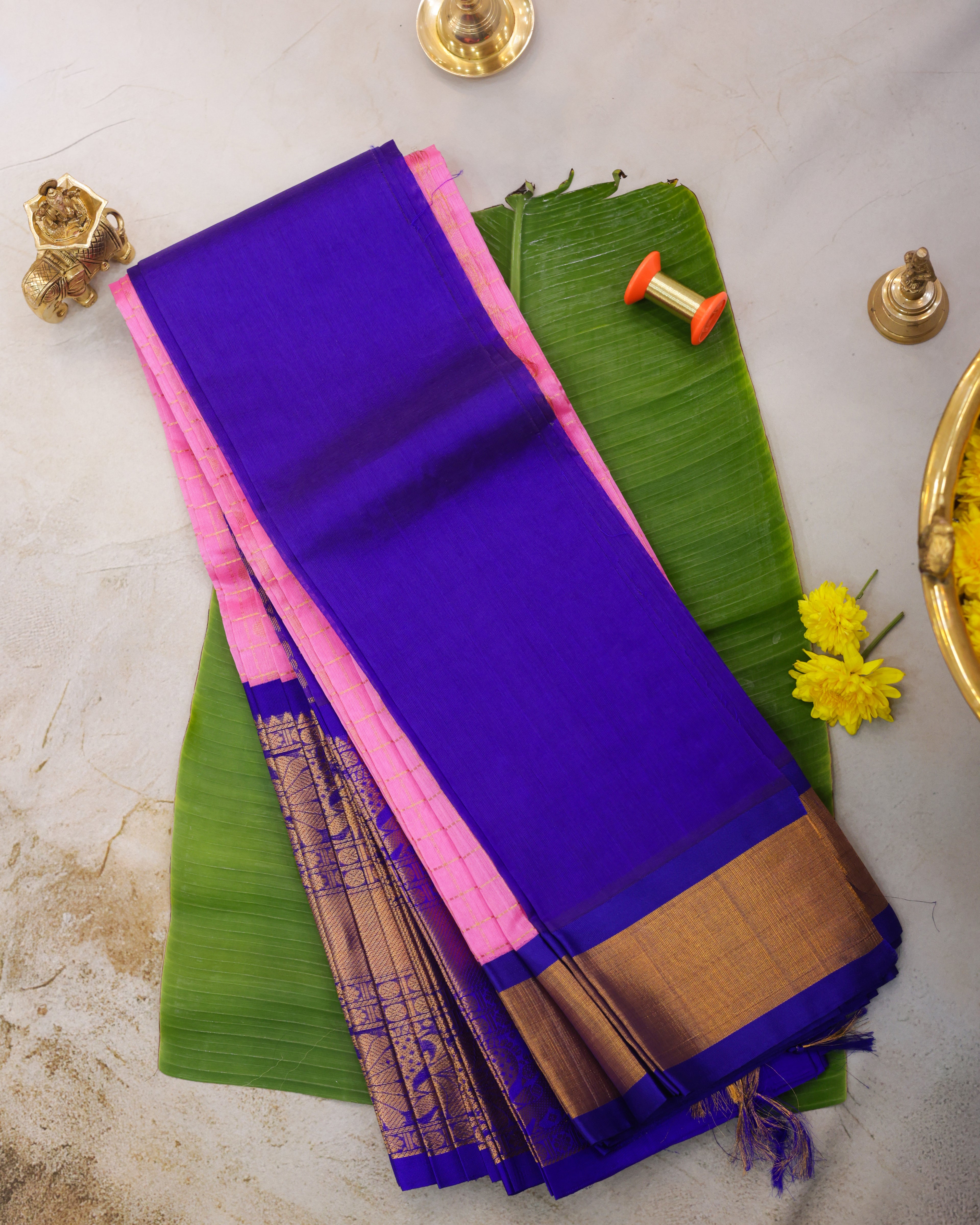 Kuppadam Silk Saree with Medium Checks Butta and Kanchi Border in Baby Pink & Royal Blue
