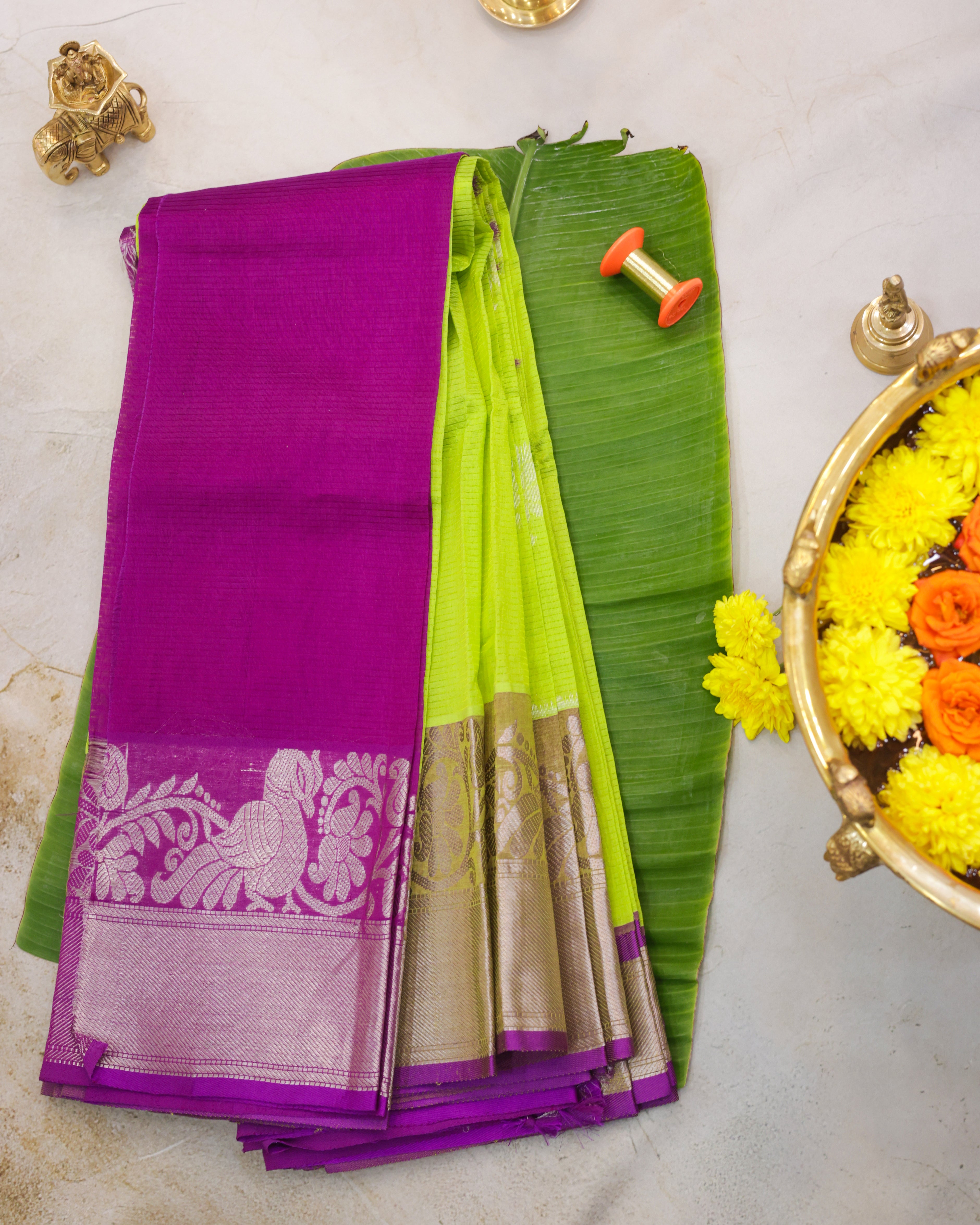 Kuppadam Pure Silk Saree in Parrot Green with Purple Border and Silver Zari