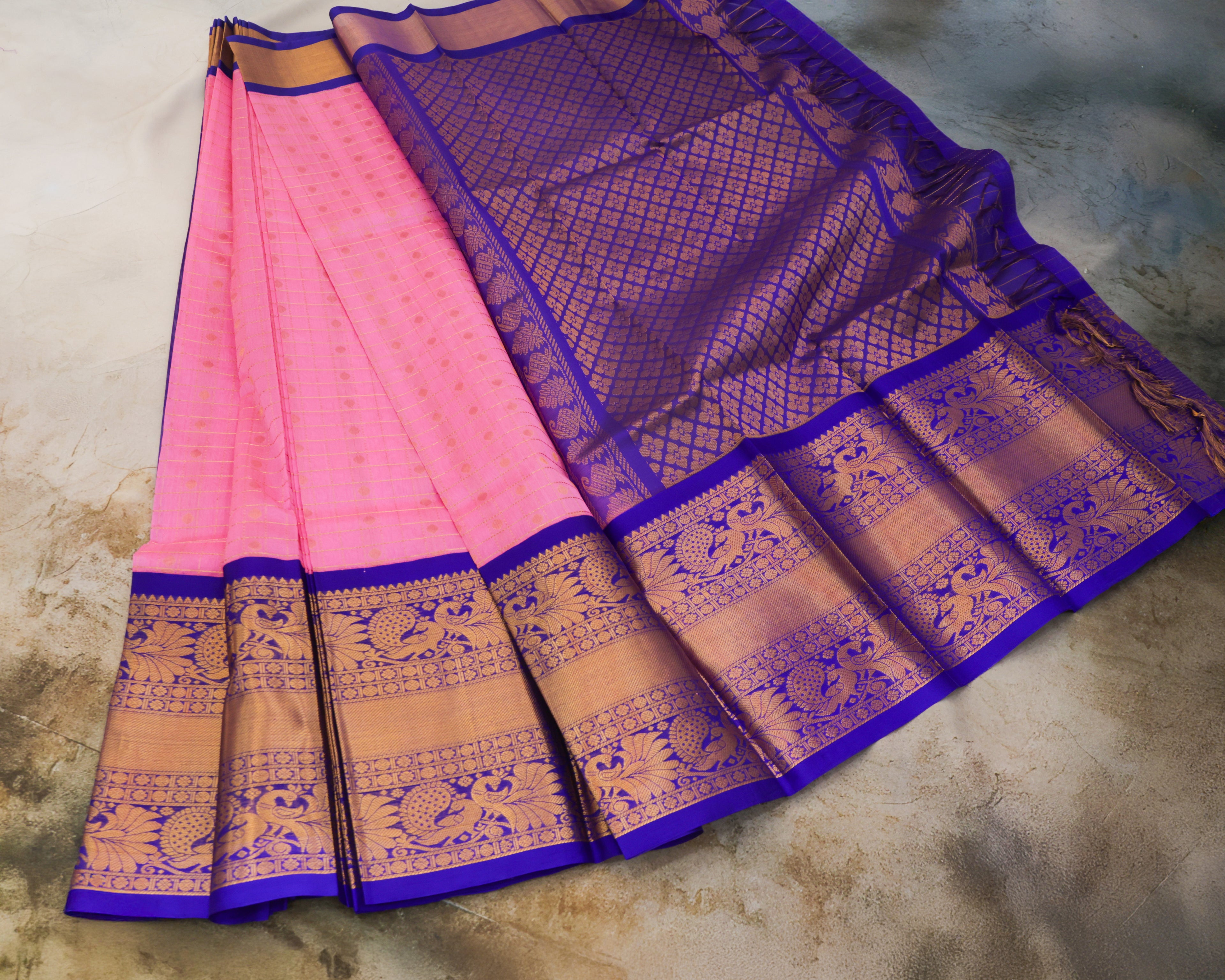Kuppadam Silk Saree with Medium Checks Butta and Kanchi Border in Baby Pink & Royal Blue