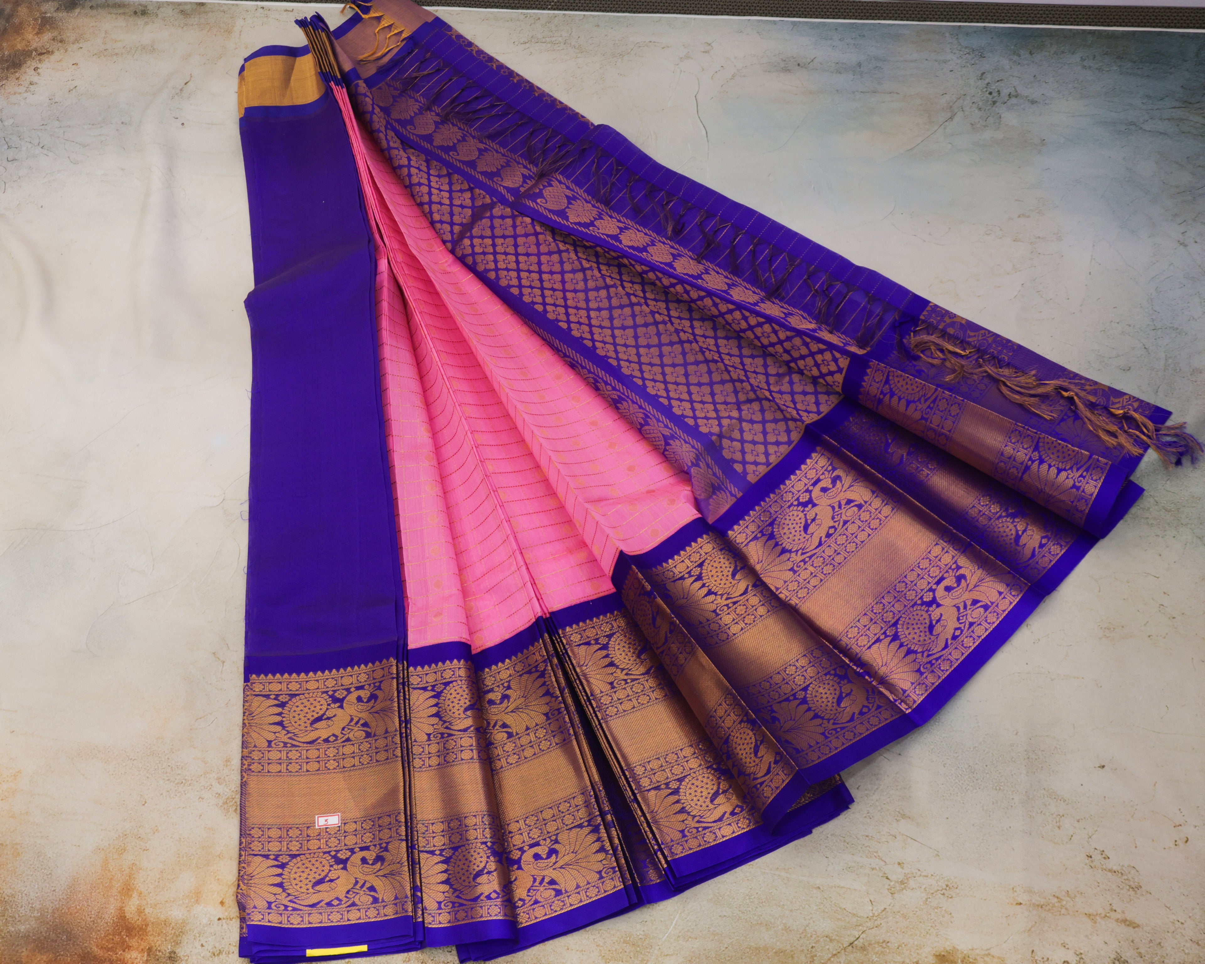 Kuppadam Silk Saree with Medium Checks Butta and Kanchi Border in Baby Pink & Royal Blue