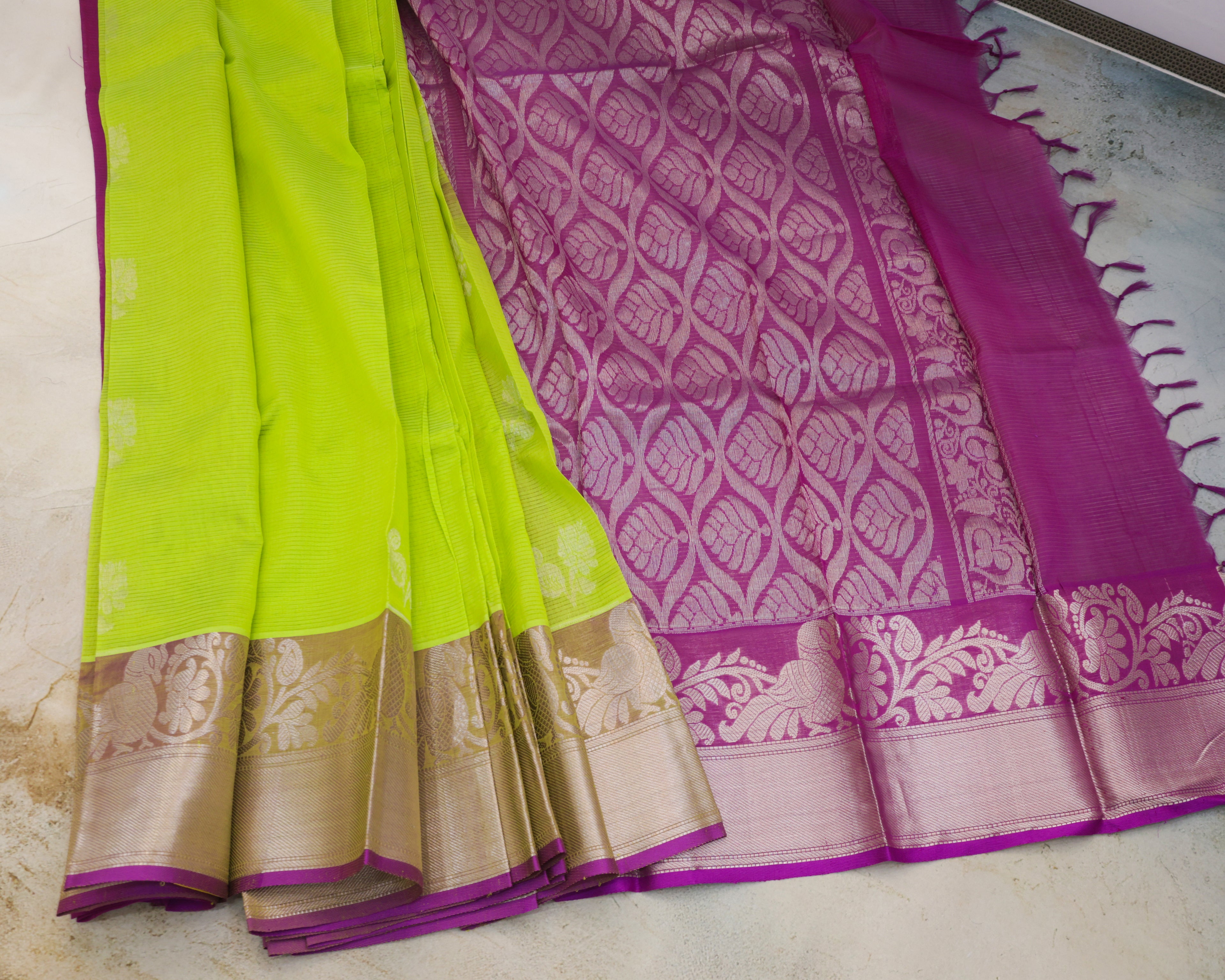 Kuppadam Pure Silk Saree in Parrot Green with Purple Border and Silver Zari