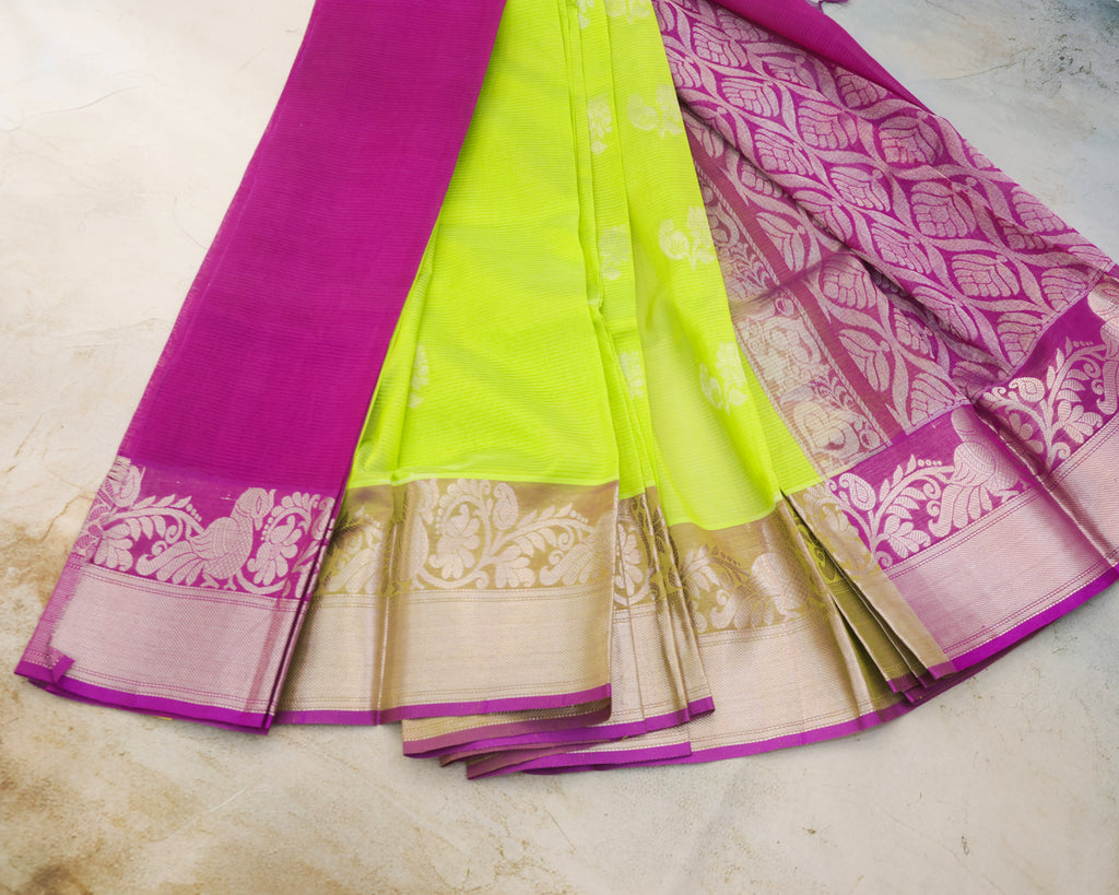 Kuppadam Pure Silk Saree in Parrot Green with Purple Border and Silver Zari