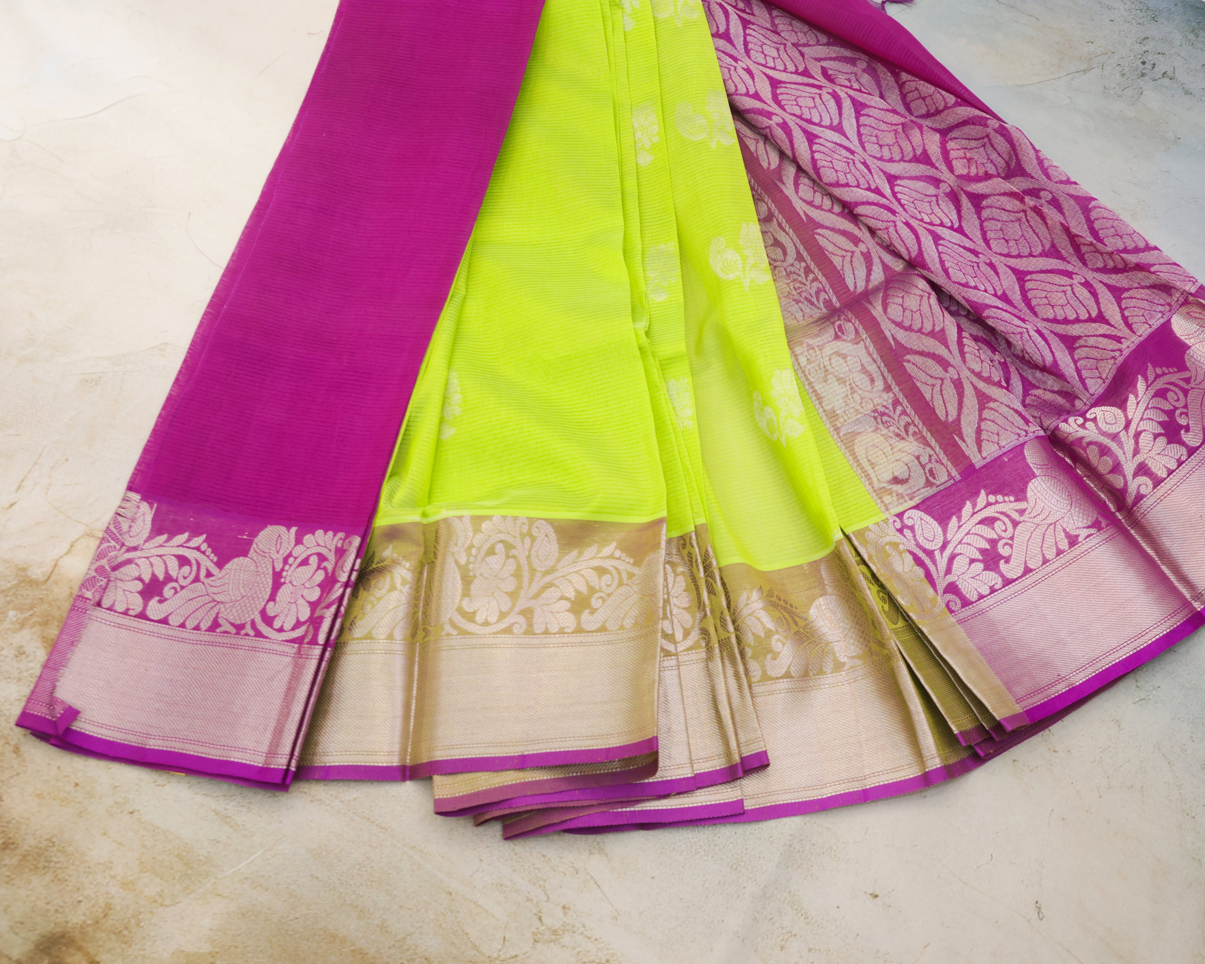 Kuppadam Pure Silk Saree in Parrot Green with Purple Border and Silver Zari