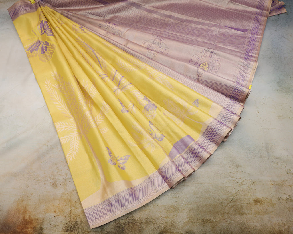 Kanchipuram Tissue Saree with Coconut Tree & Butterfly Motifs in Yellow