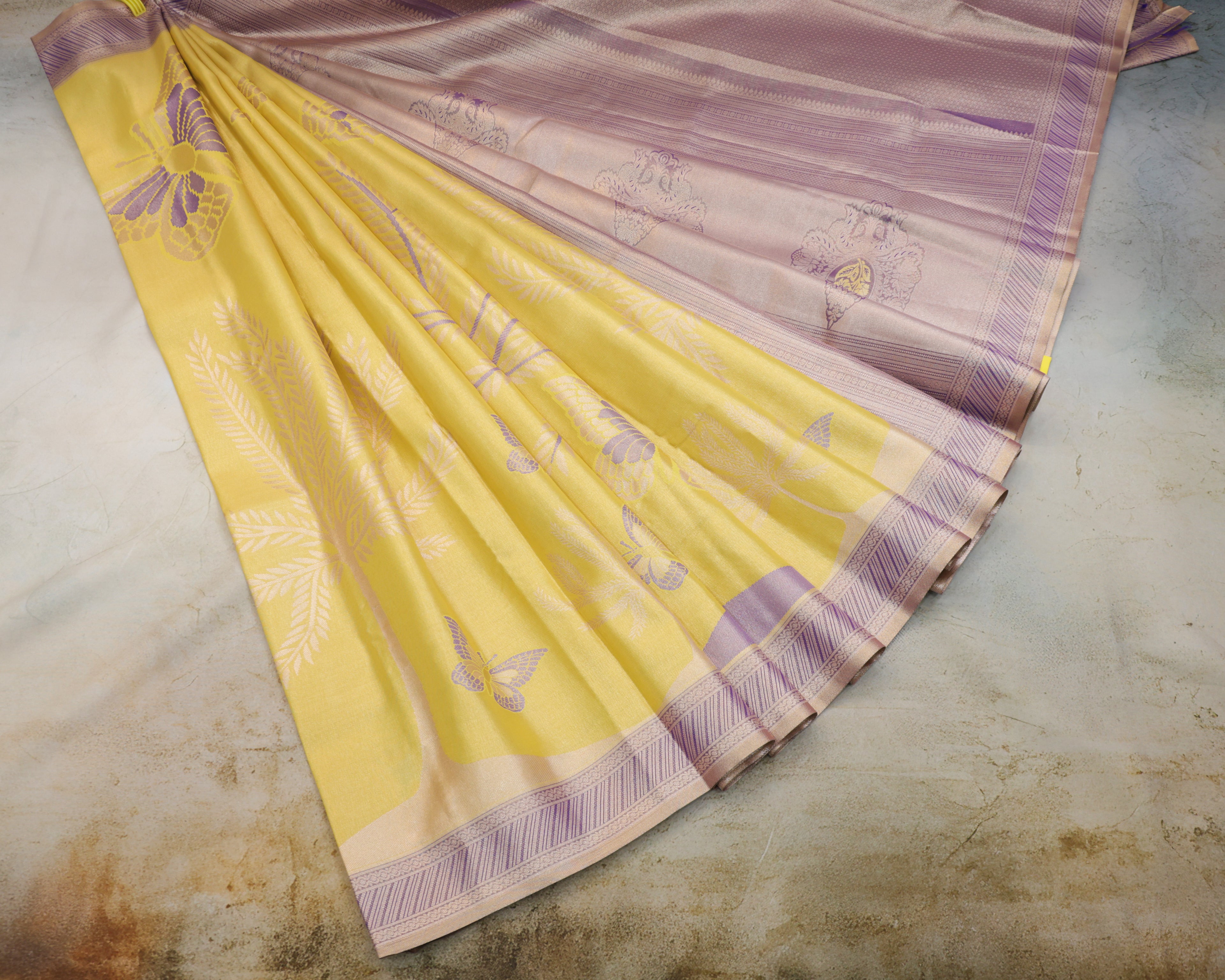 Kanchipuram Tissue Saree with Coconut Tree & Butterfly Motifs in Yellow