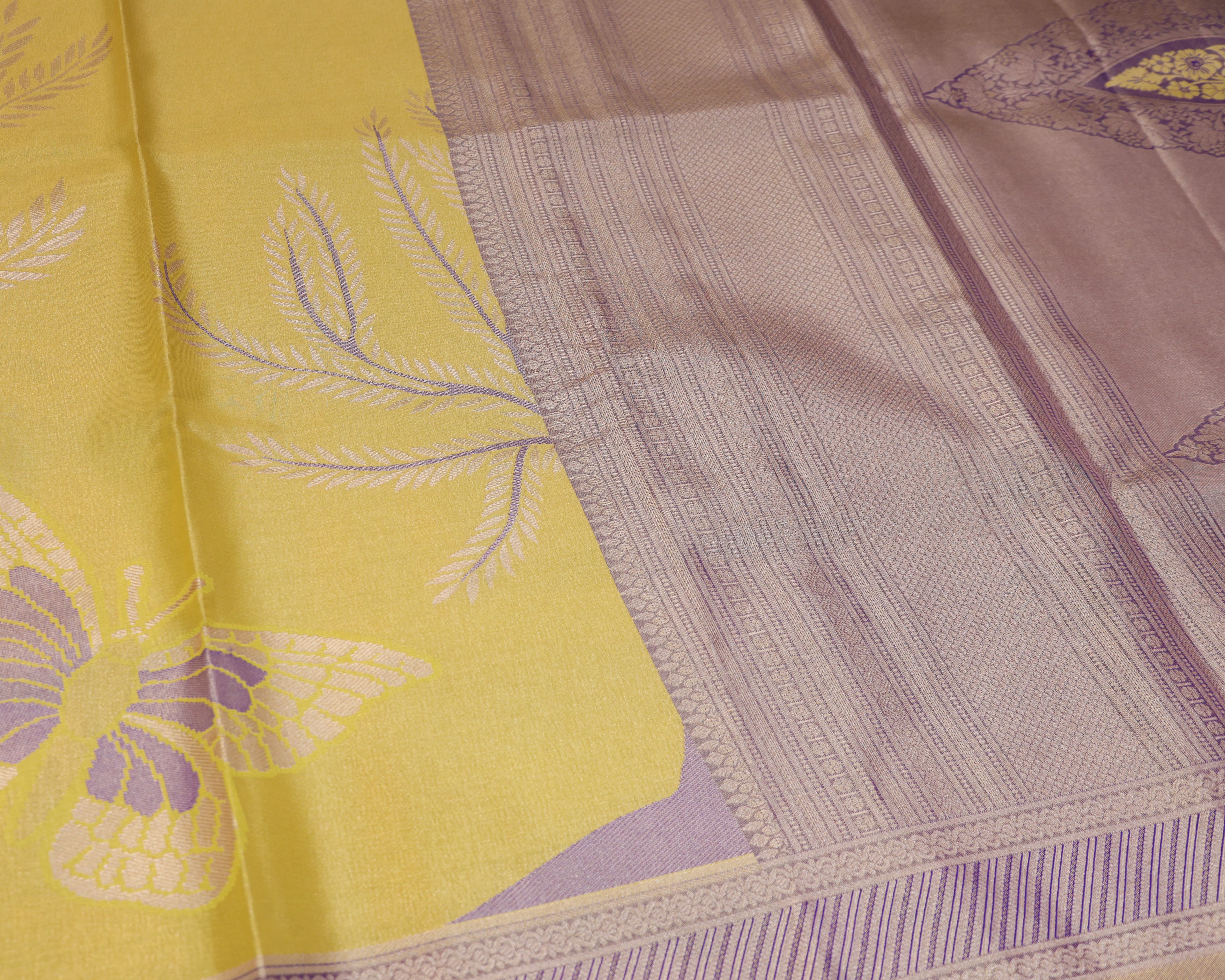 Kanchipuram Tissue Saree with Coconut Tree & Butterfly Motifs in Yellow