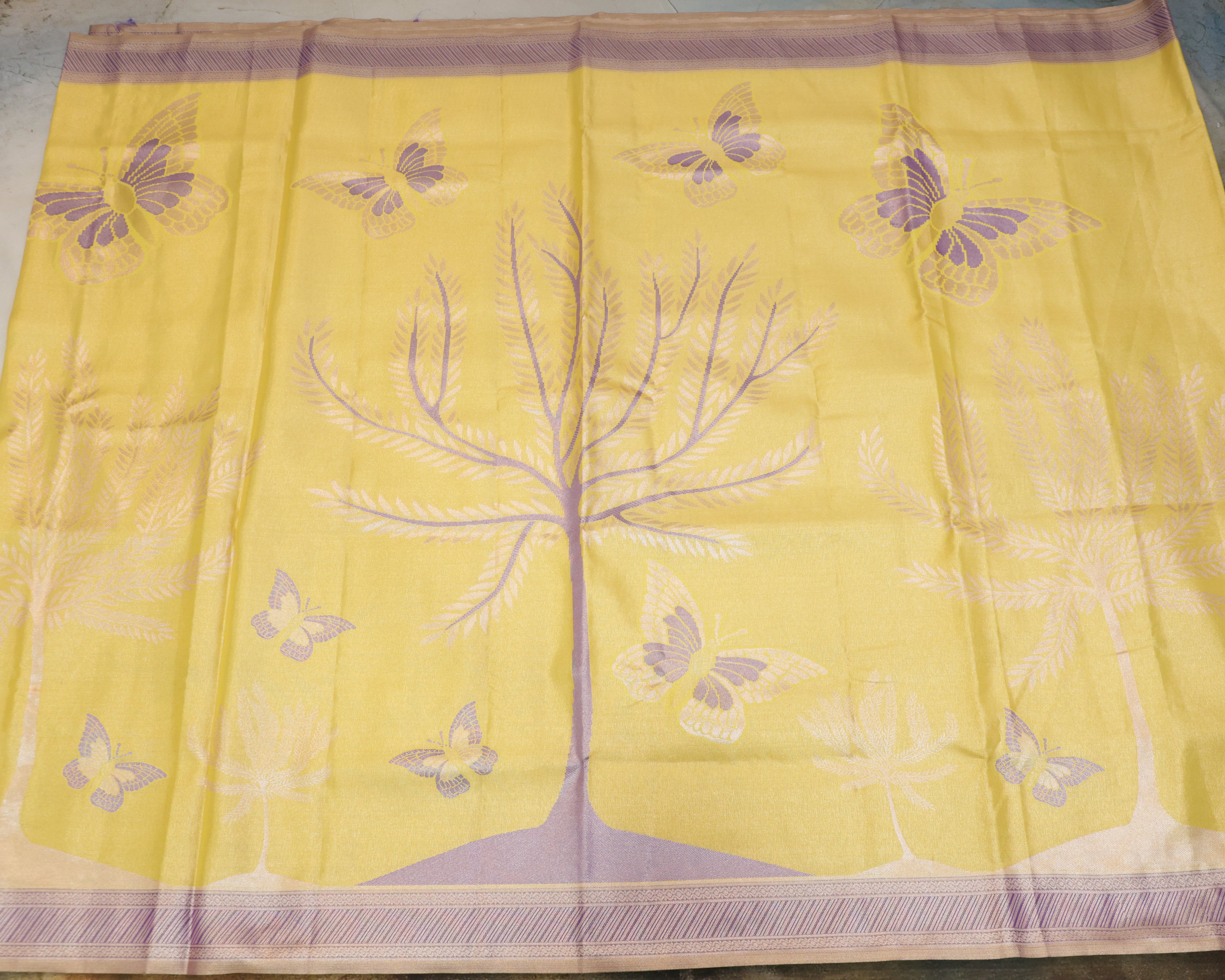Kanchipuram Tissue Saree with Coconut Tree & Butterfly Motifs in Yellow