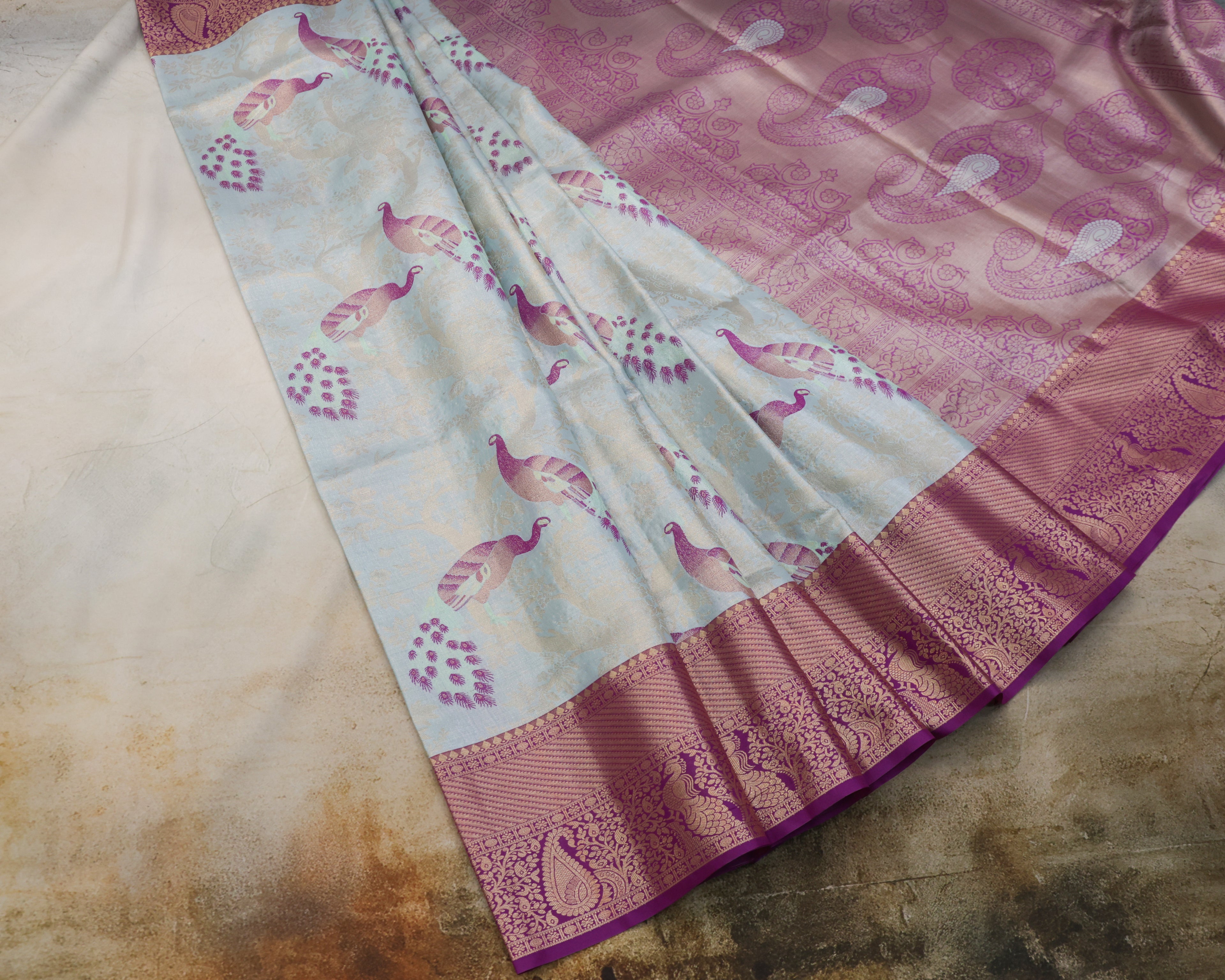 Kanchipuram Tissue Fancy Saree in Pastel Sky Blue with Golden Zari Weaving