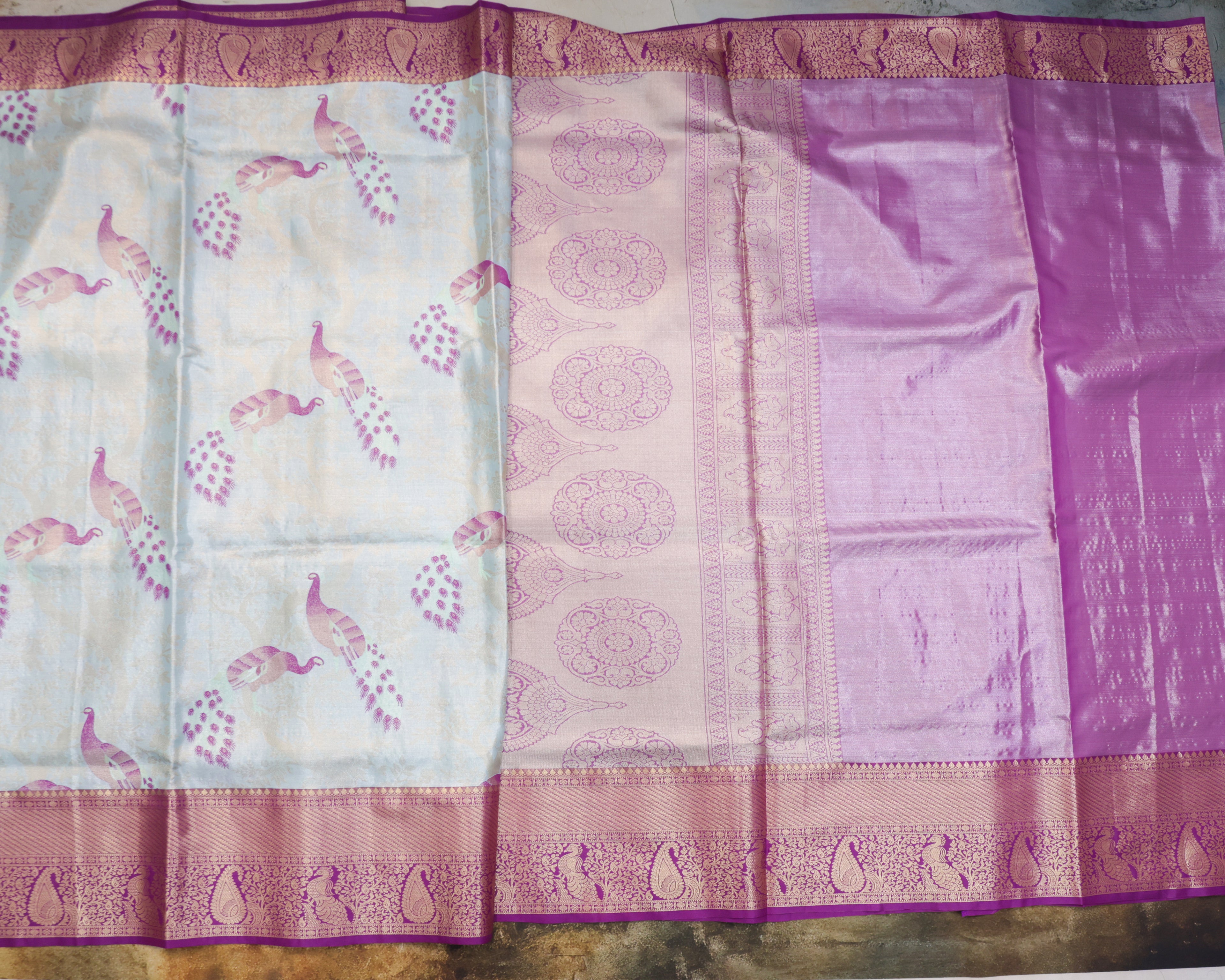 Kanchipuram Tissue Fancy Saree in Pastel Sky Blue with Golden Zari Weaving