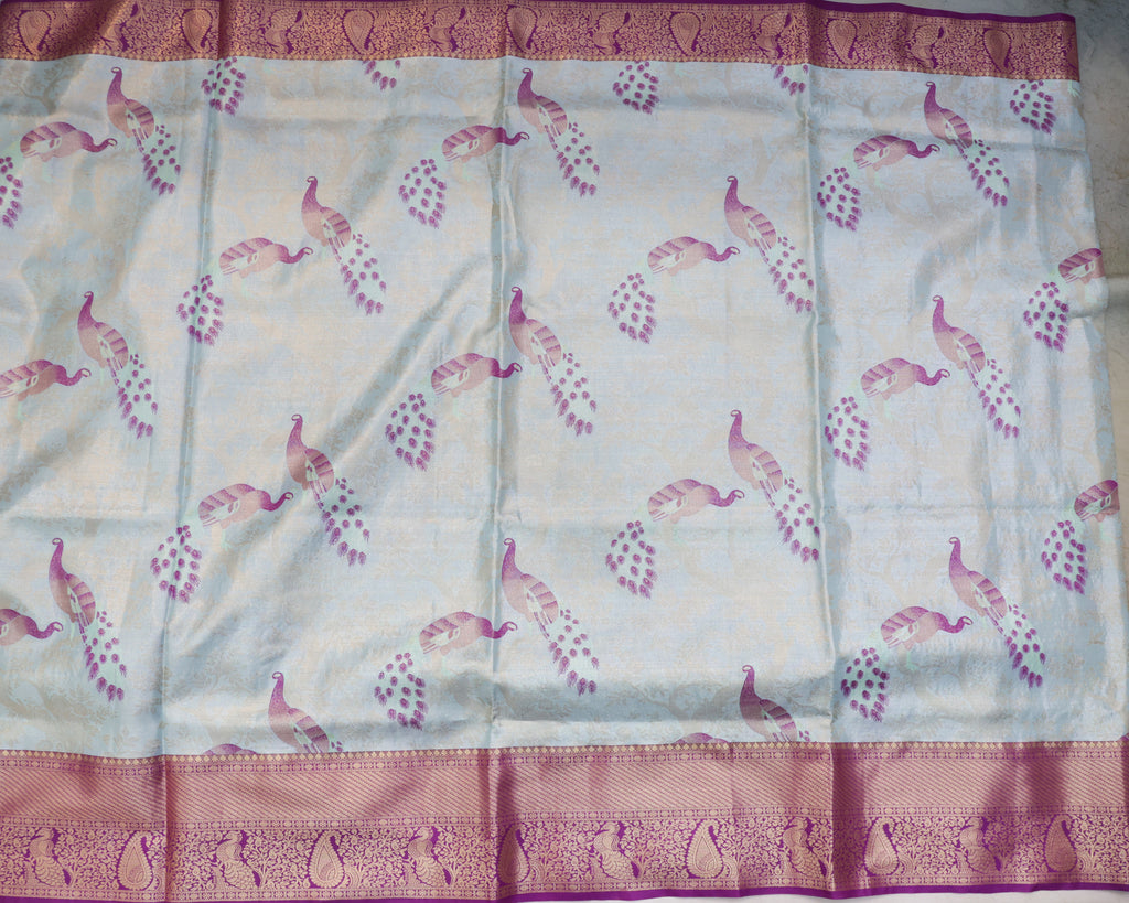 Kanchipuram Tissue Fancy Saree in Pastel Sky Blue with Golden Zari Weaving