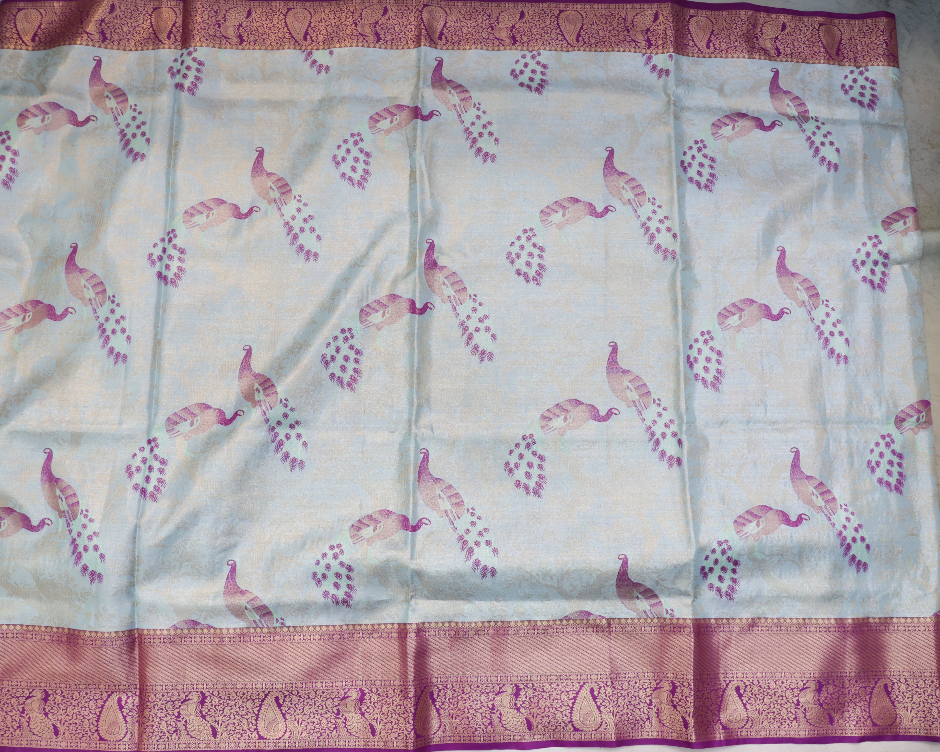 Kanchipuram Tissue Fancy Saree in Pastel Sky Blue with Golden Zari Weaving